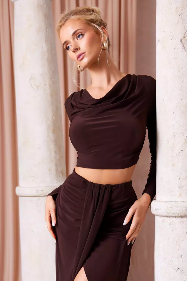 Brown Ruched Cowl Neck Top