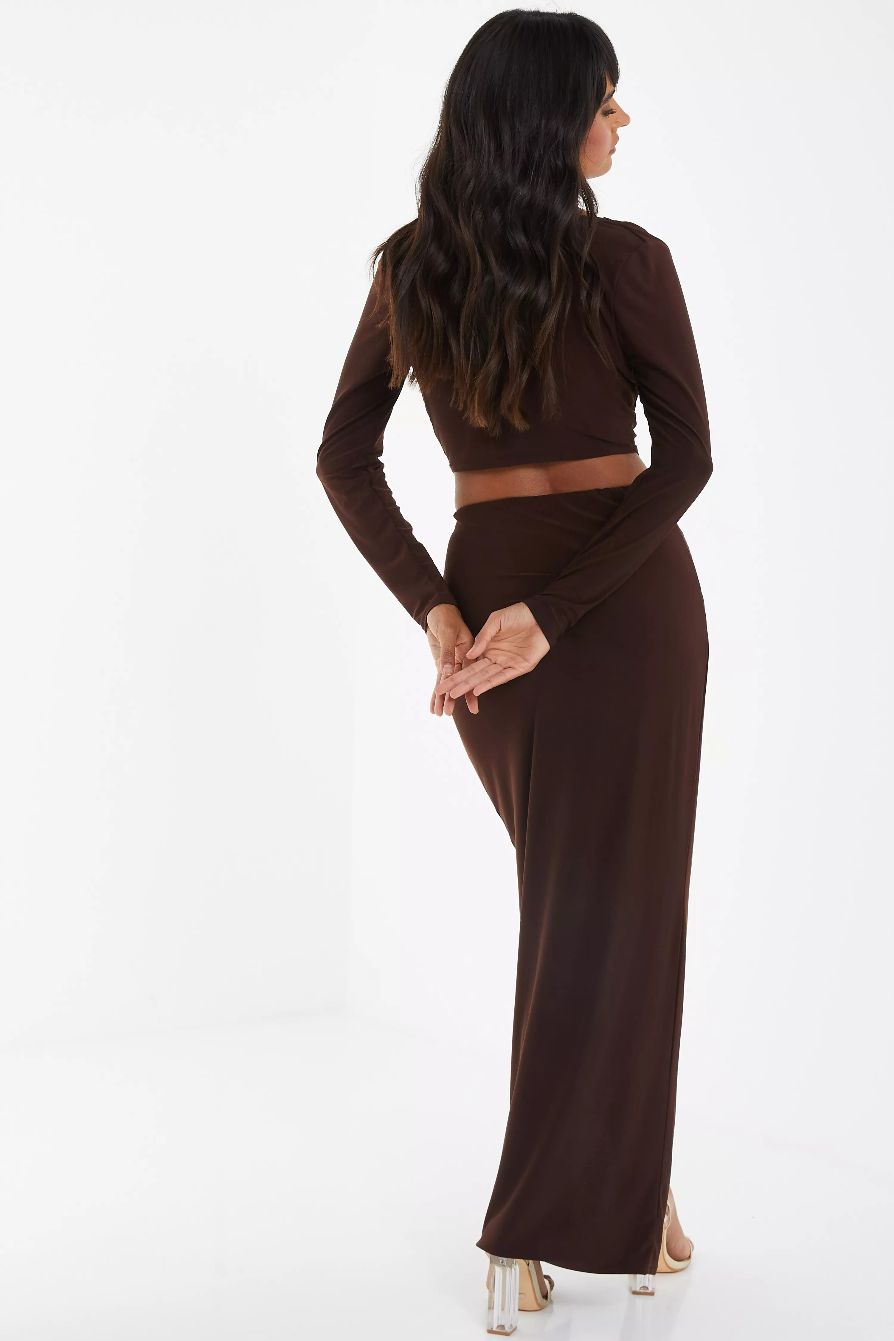 Brown Ruched Split Maxi Skirt