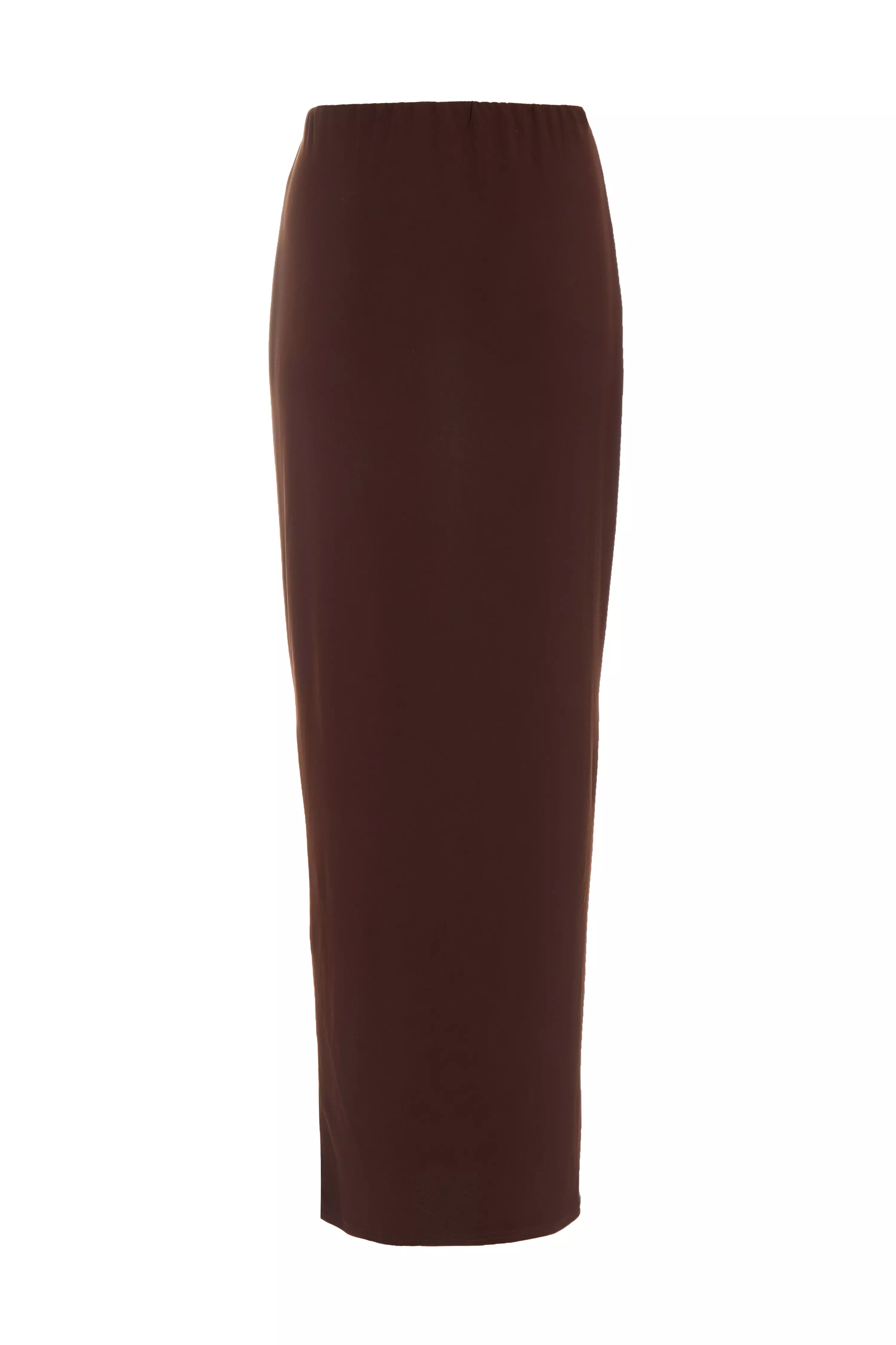 Brown Ruched Split Maxi Skirt