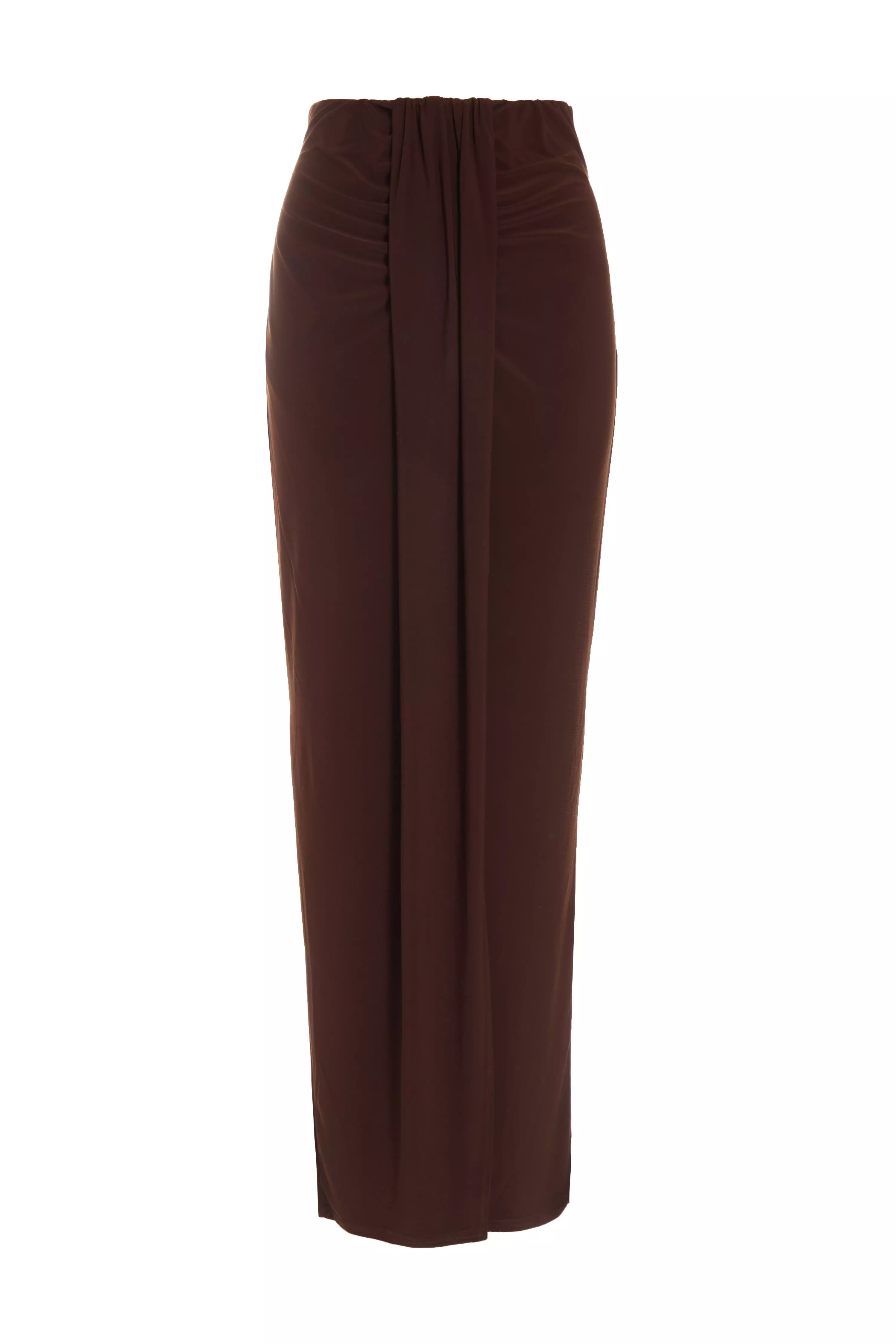 Brown Ruched Split Maxi Skirt