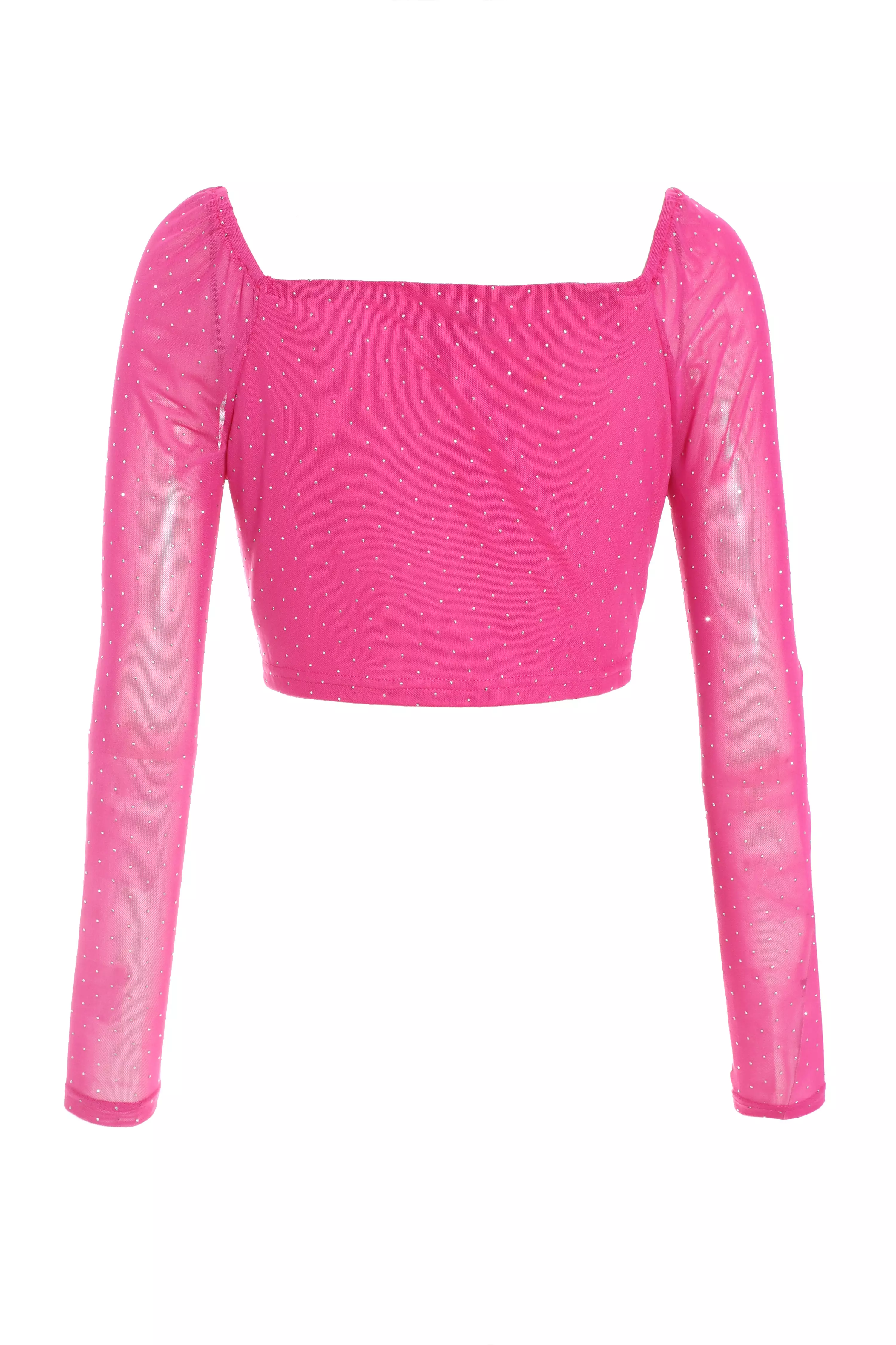 Pink Mesh Diamante Crop Top