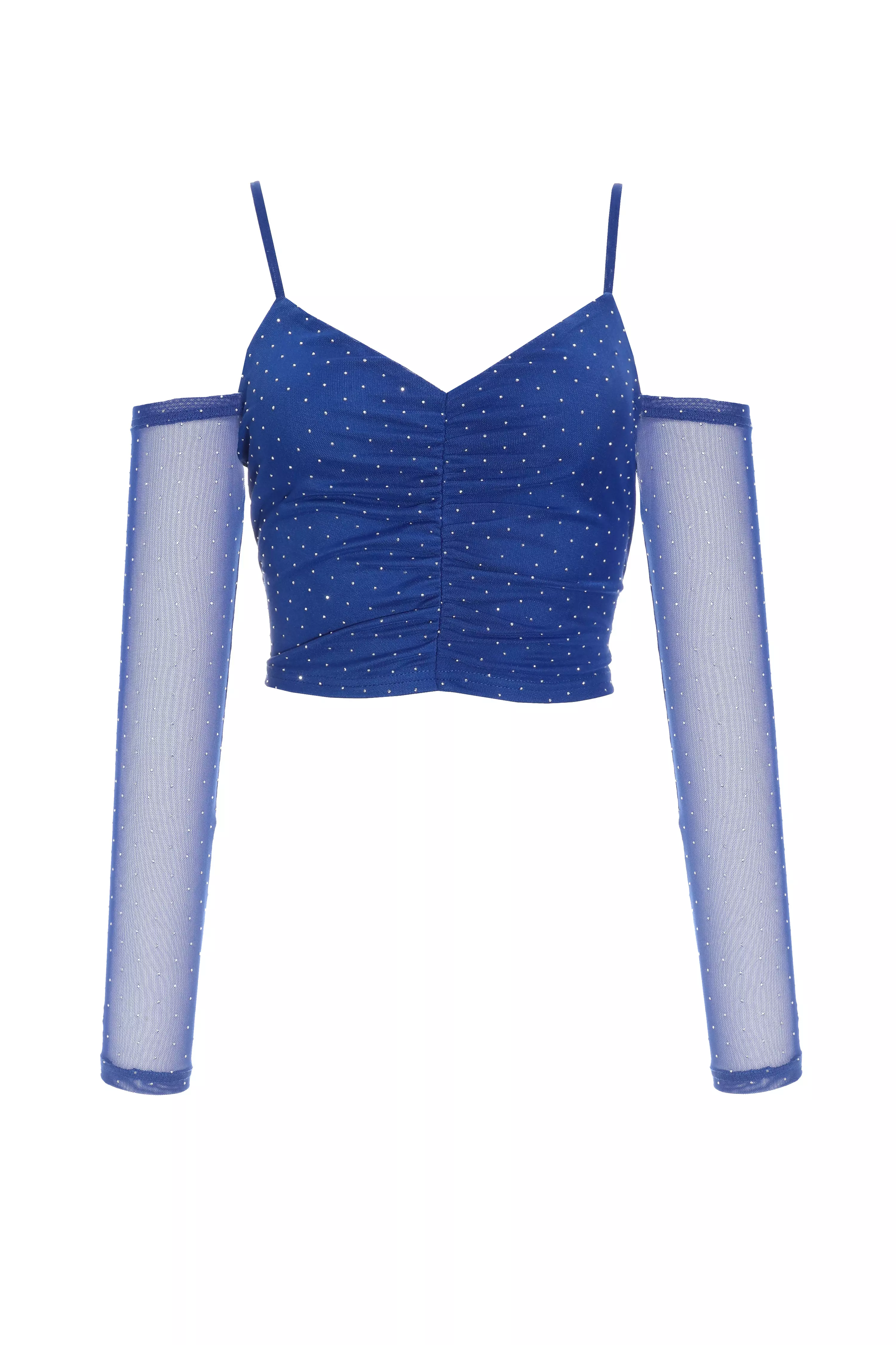 Blue Mesh Diamante Crop Top