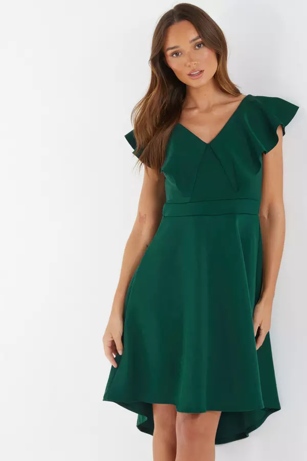 Green Frill Dip Hem Midi Dress