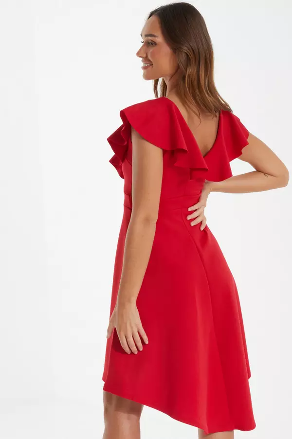 Red Frill Dip Hem Midi Dress