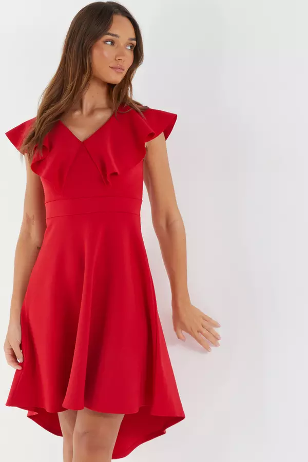 Red Frill Dip Hem Midi Dress
