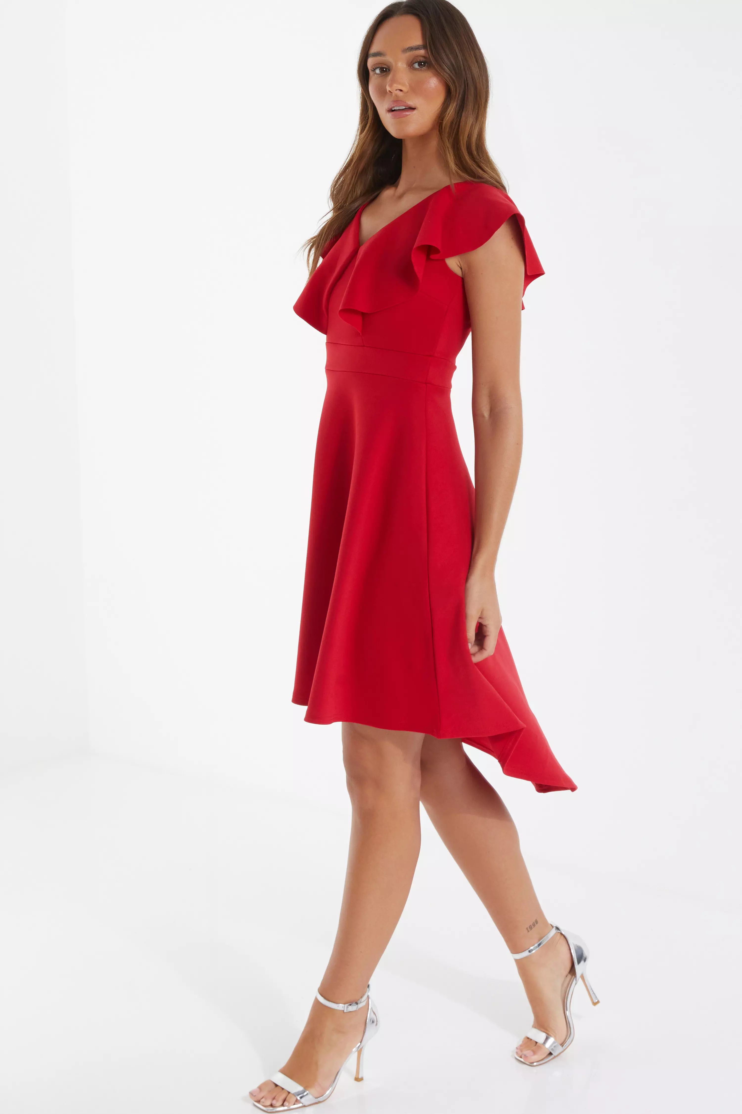 Red Frill Dip Hem Midi Dress