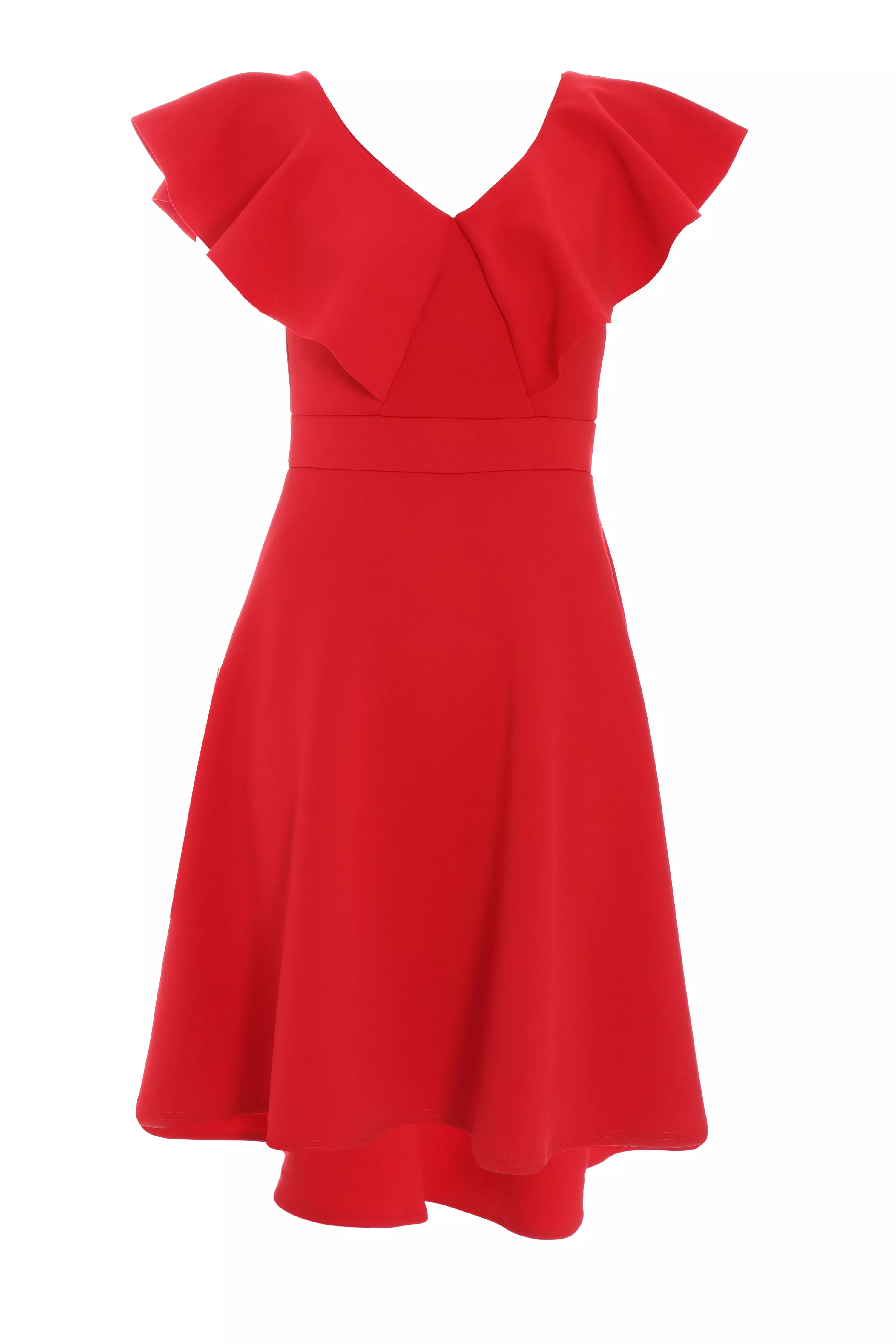 Red Frill Dip Hem Midi Dress