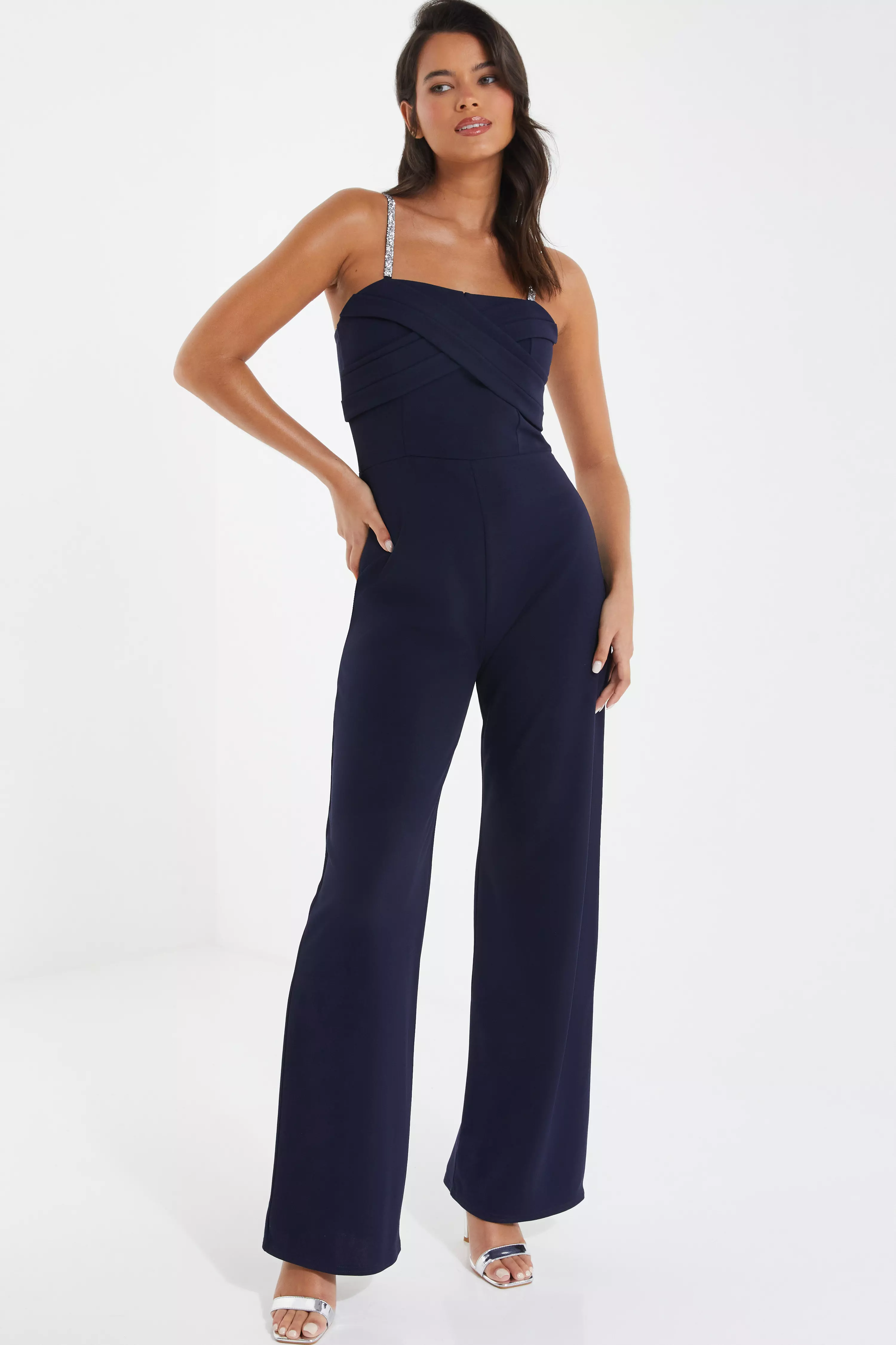 Navy Cross Front Diamante Strap Palazzo Jumpsuit