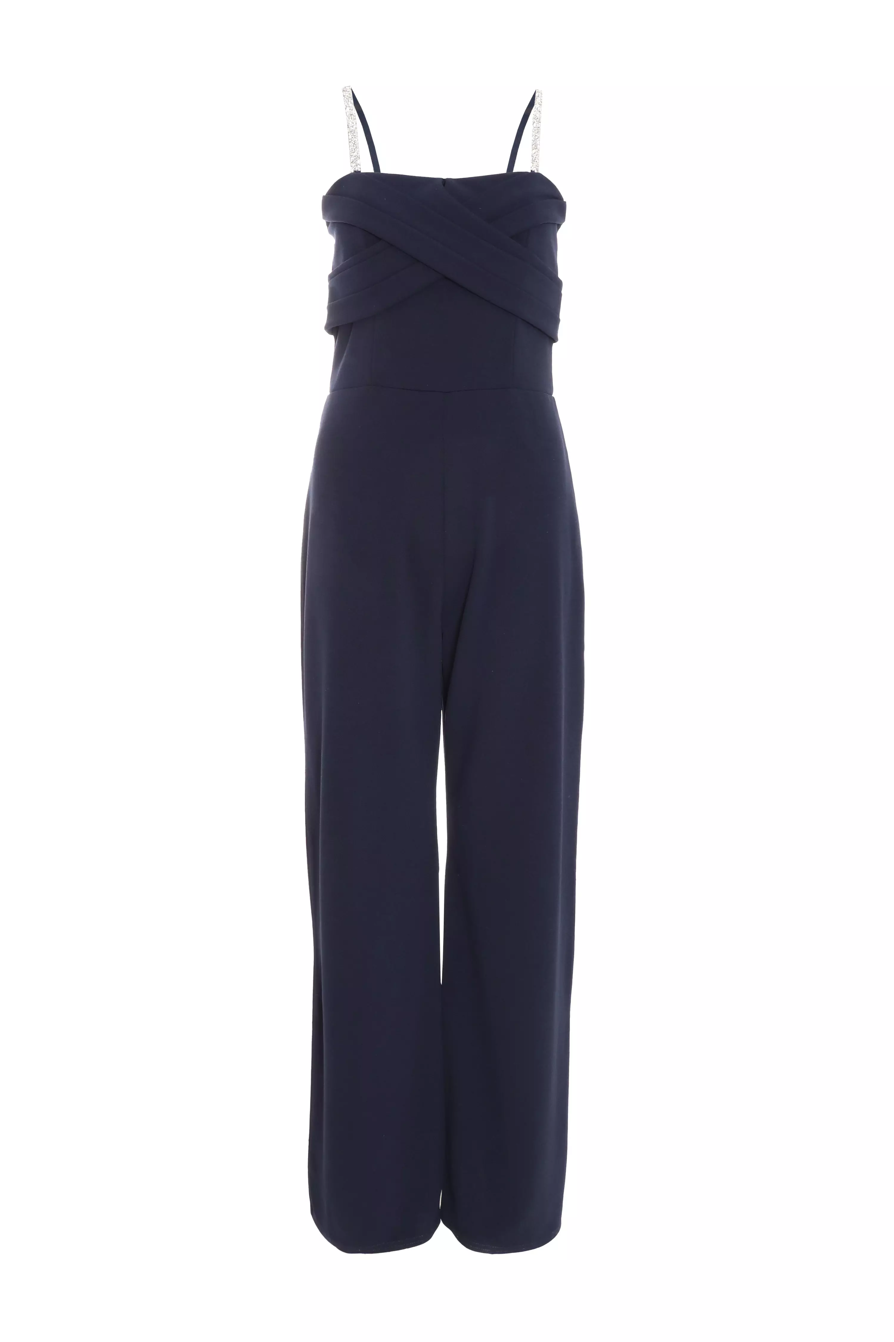 Navy Cross Front Diamante Strap Palazzo Jumpsuit