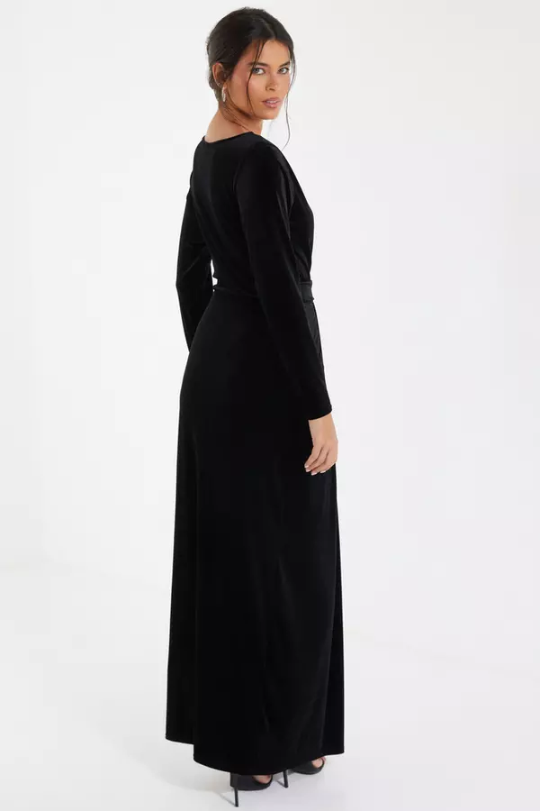 Black Velvet Buckle Long Sleeve Maxi Dress