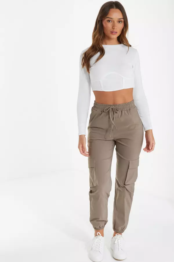 Taupe Tie Waist Cargo Trousers