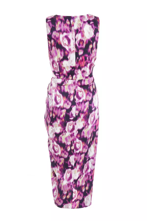 Purple Floral Print Ruched Midi Dress