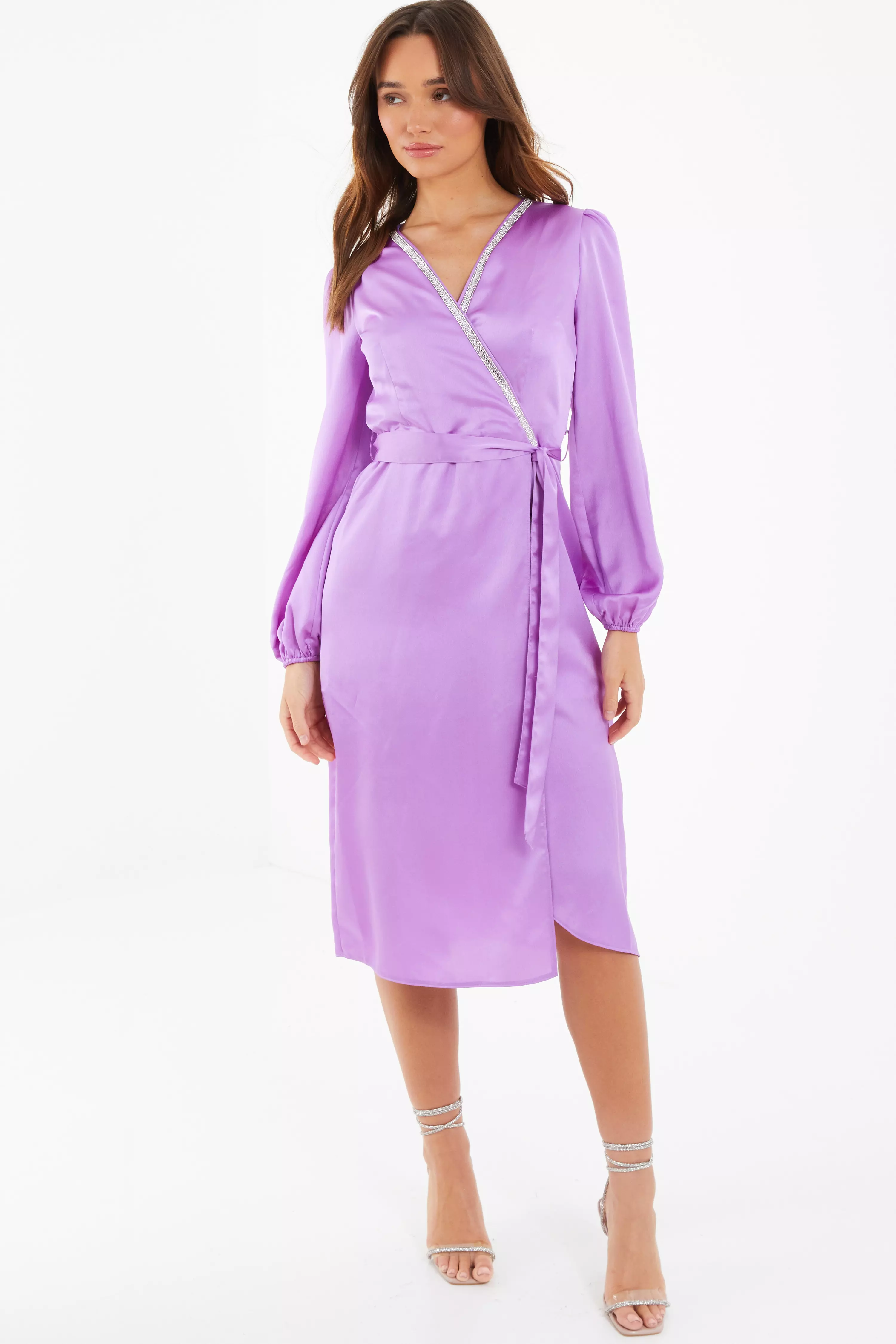 Purple Satin Embellished Wrap Midi Dress