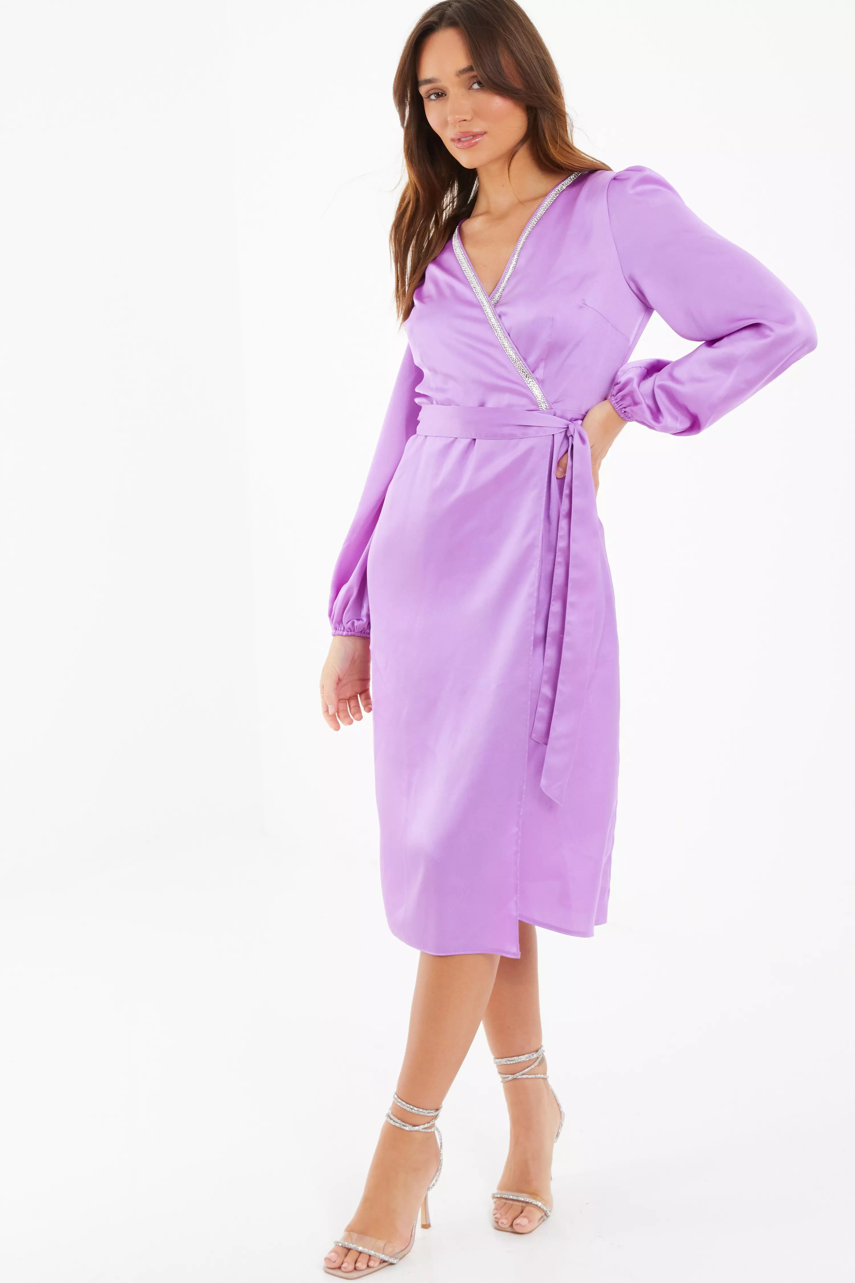 Purple Satin Embellished Wrap Midi Dress