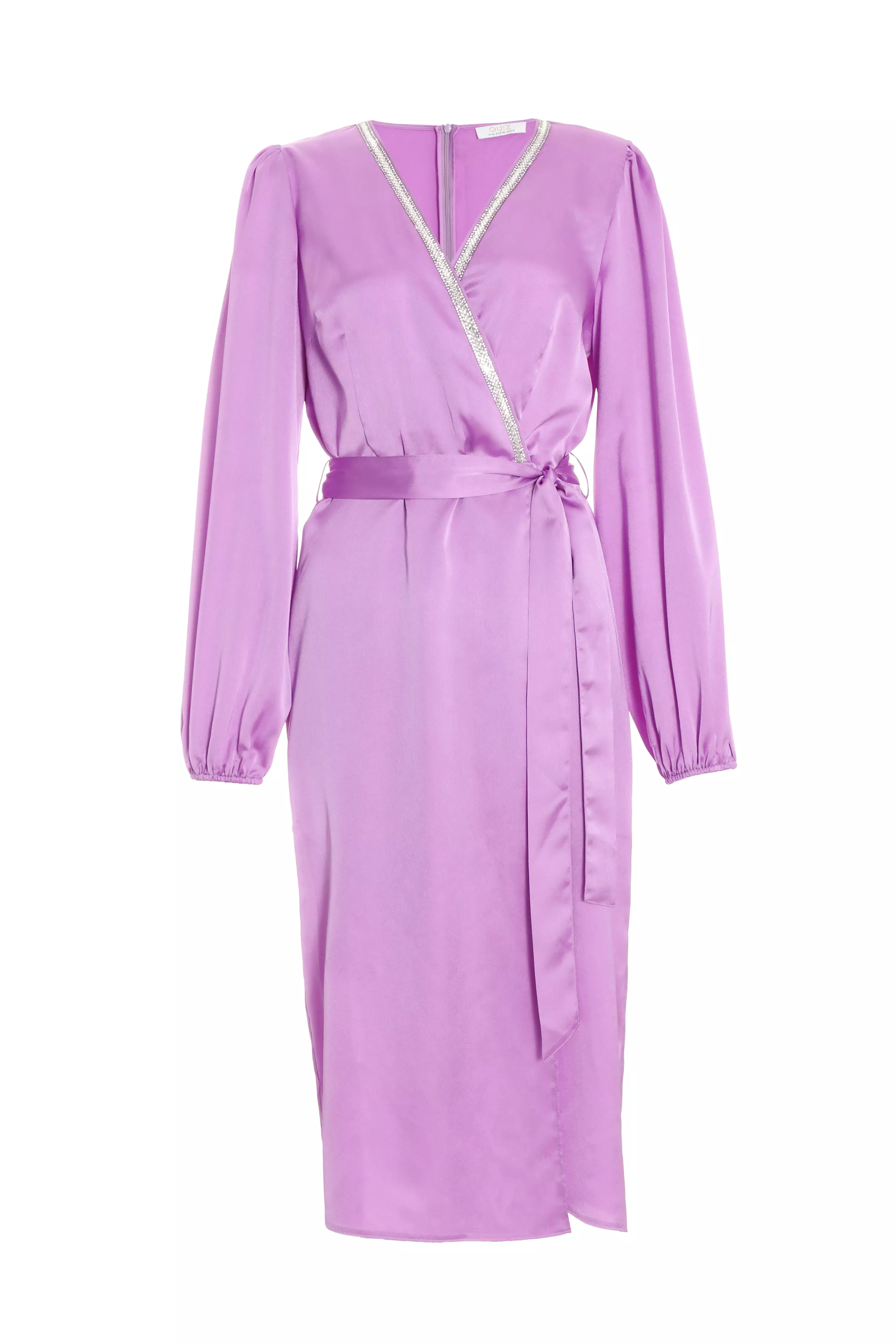 Purple Satin Embellished Wrap Midi Dress