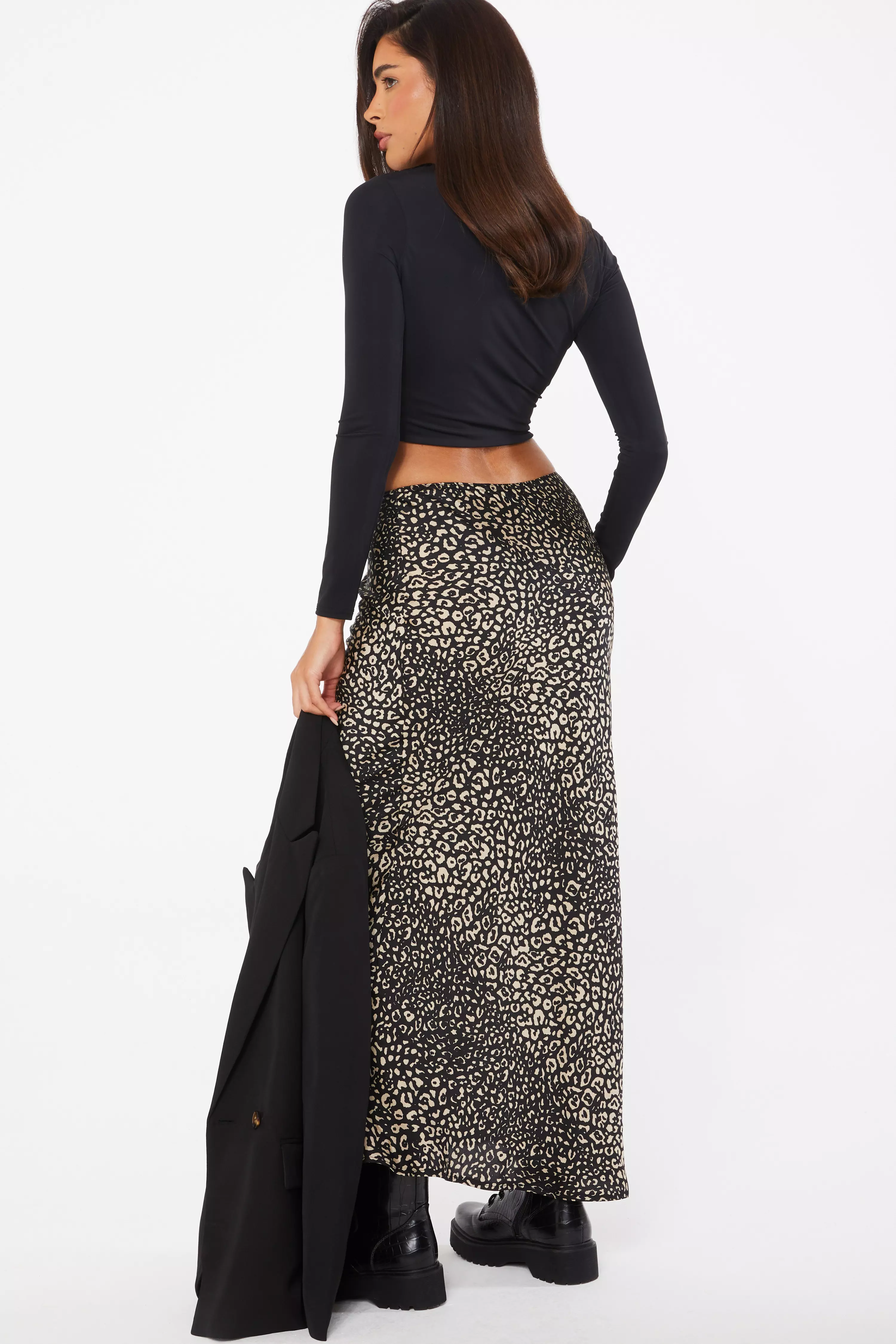 Black Satin Animal Print Midaxi Skirt