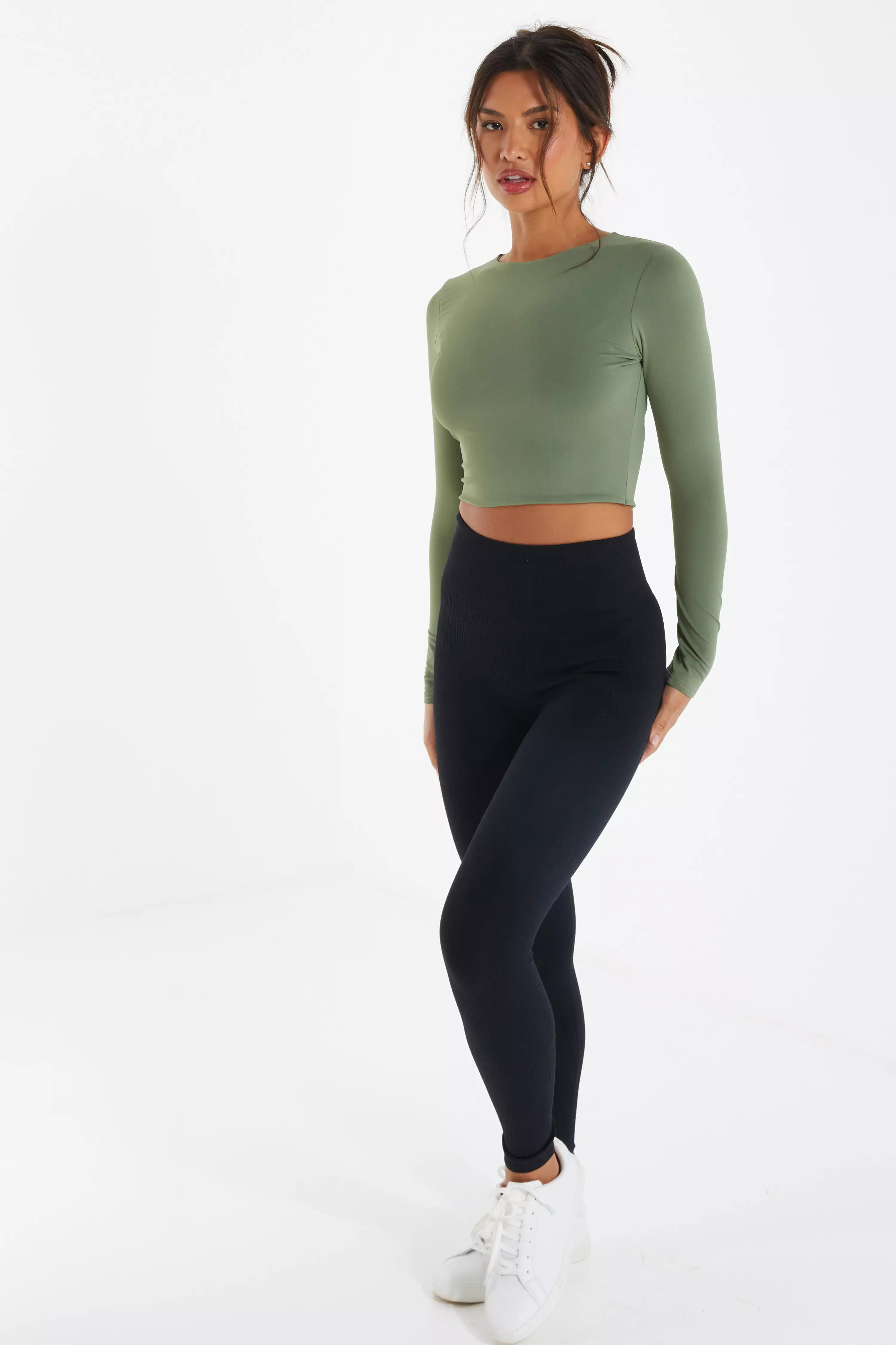 Khaki Long Sleeve Crop Top