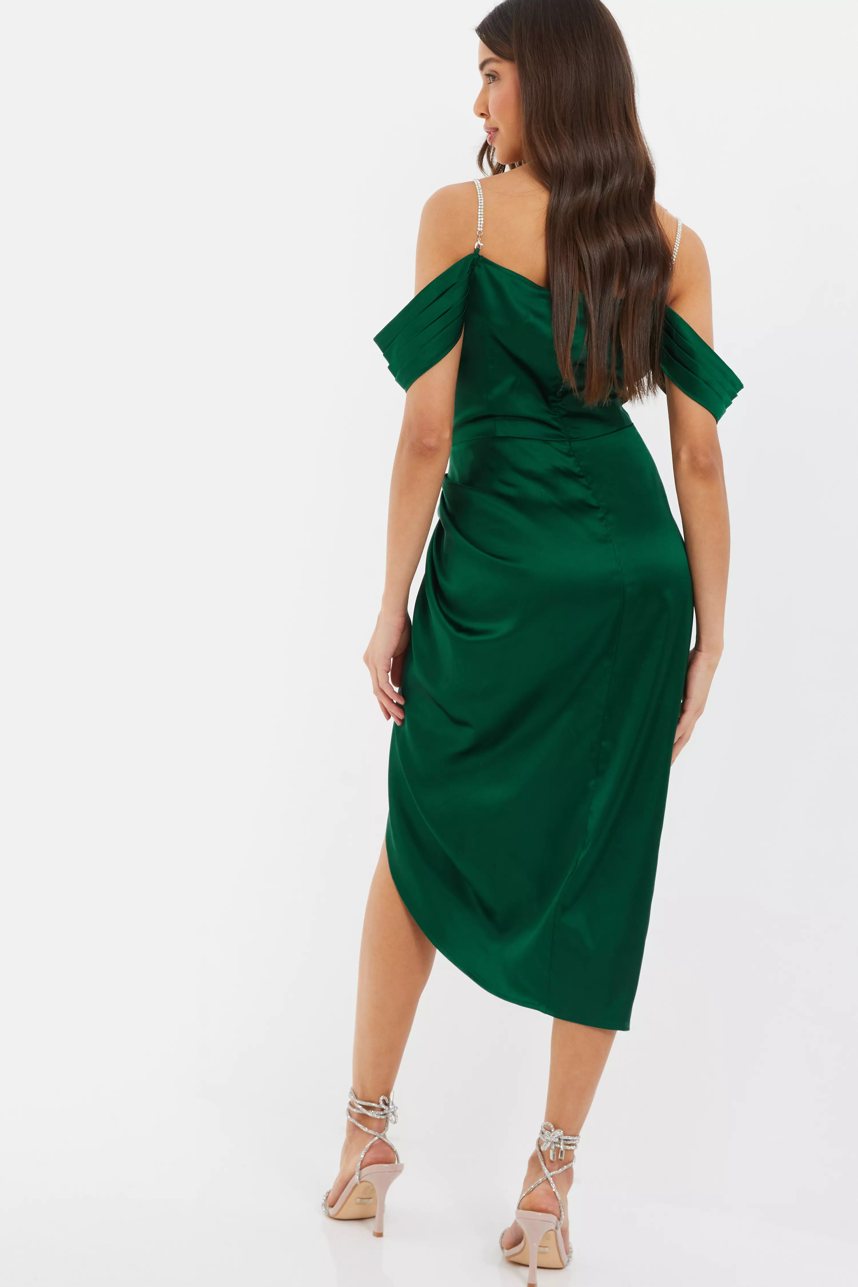 Green Satin Ruched Cold Shoulder Midi Dress