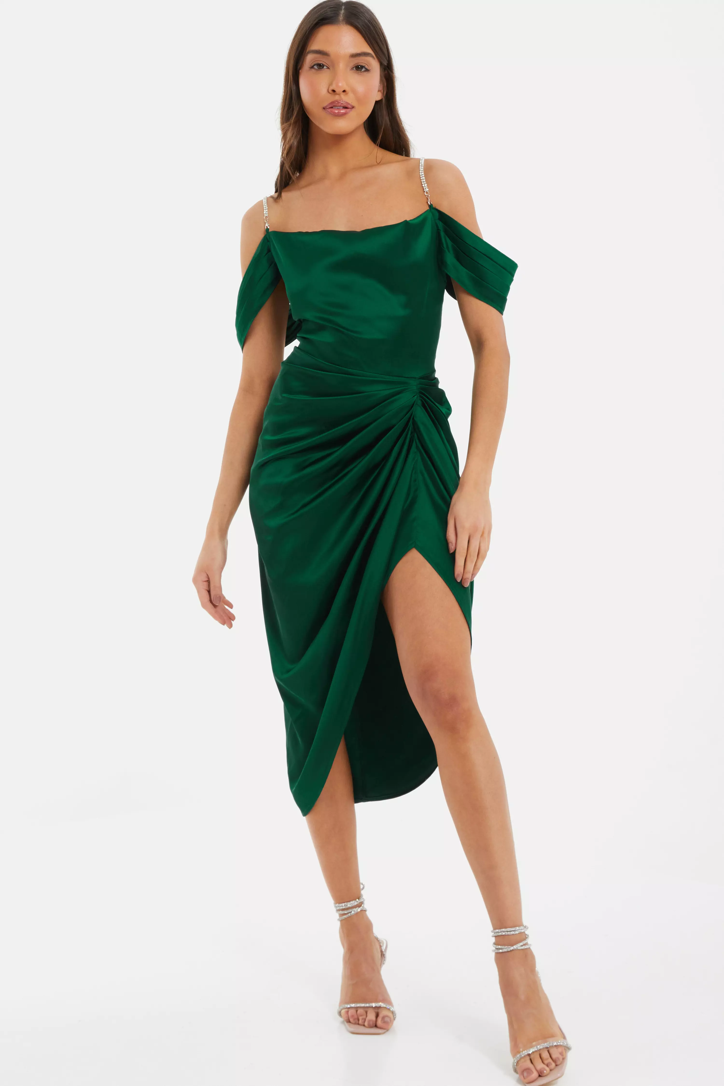 Green Satin Ruched Cold Shoulder Midi Dress