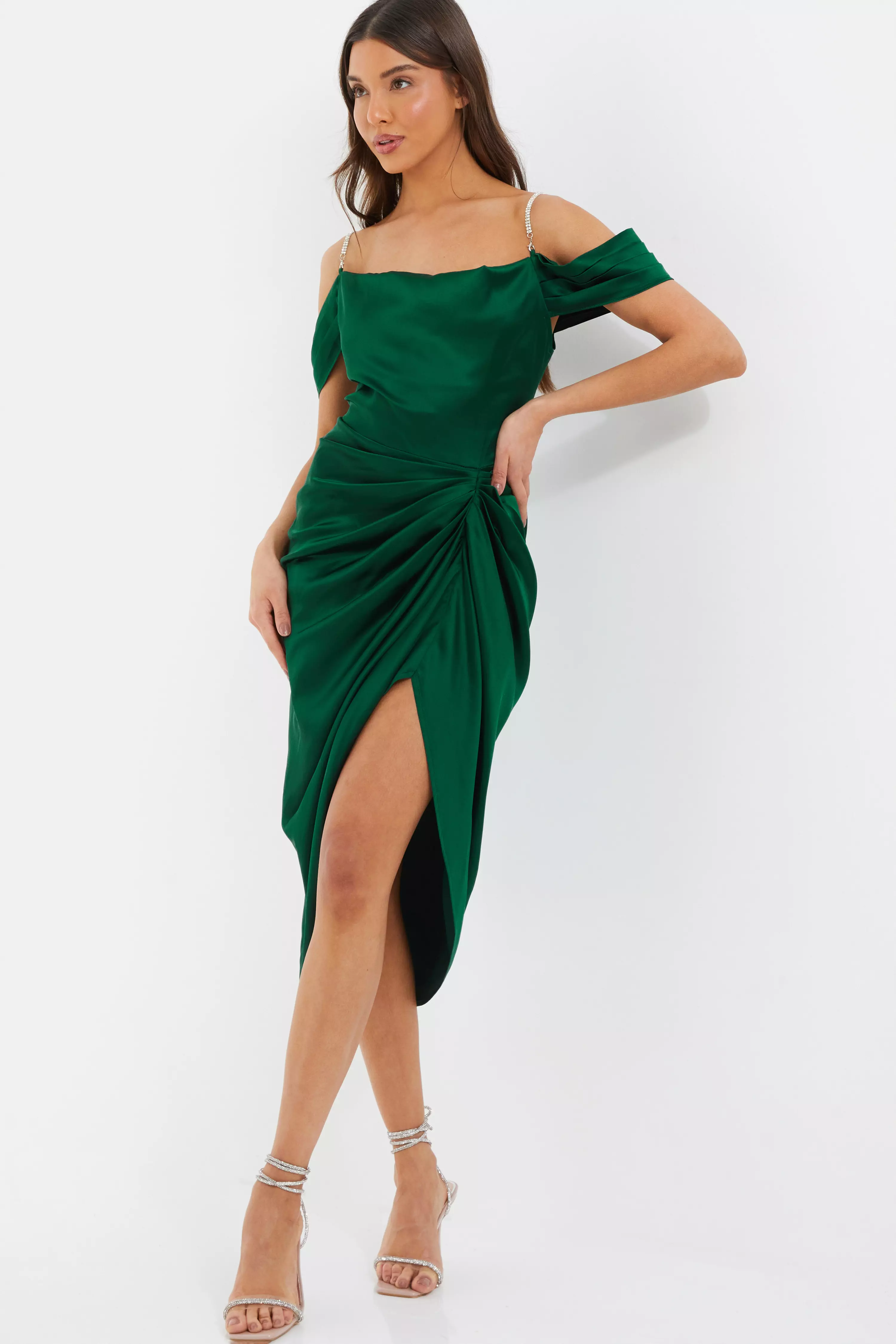 Green Satin Ruched Cold Shoulder Midi Dress