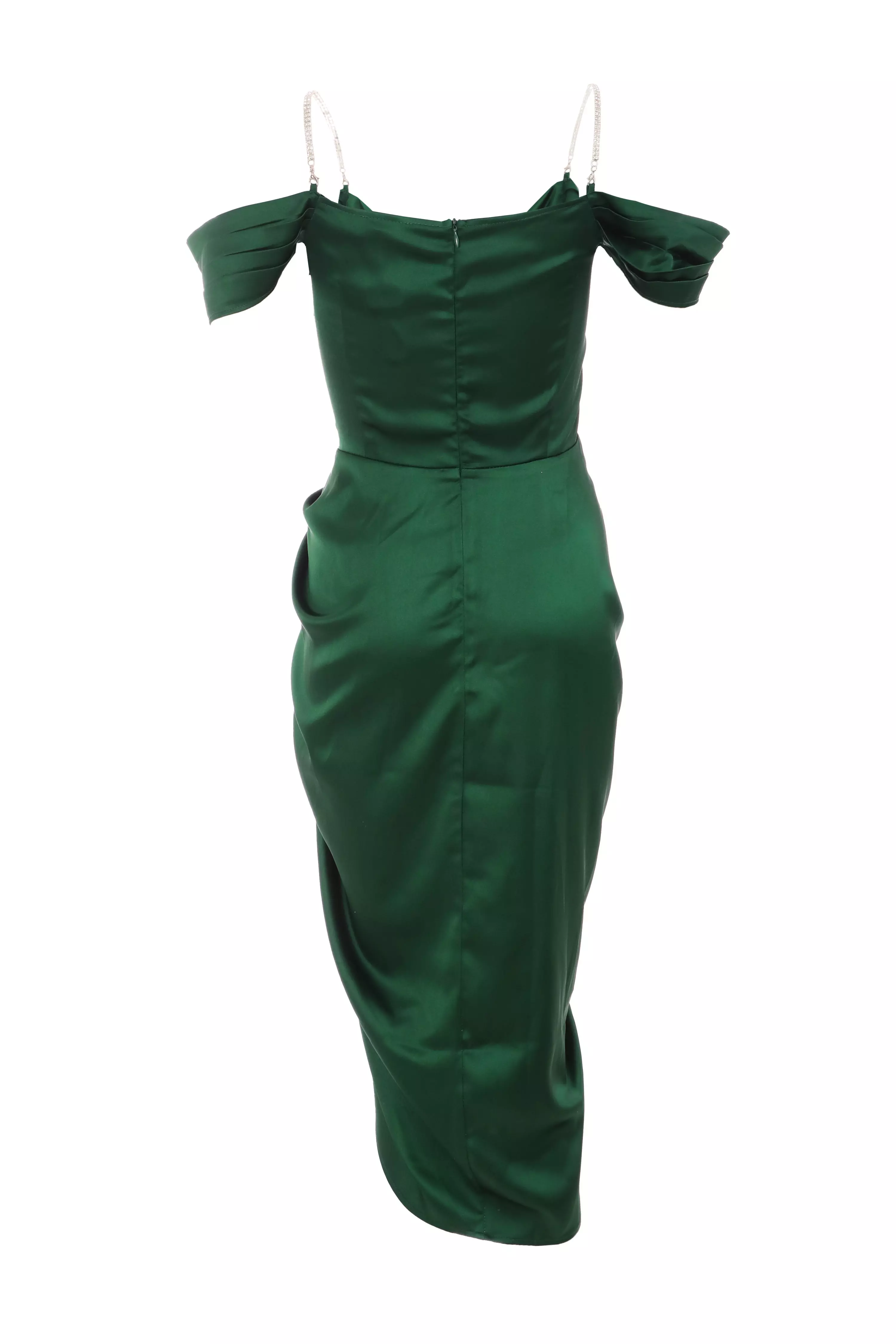 Green Satin Ruched Cold Shoulder Midi Dress