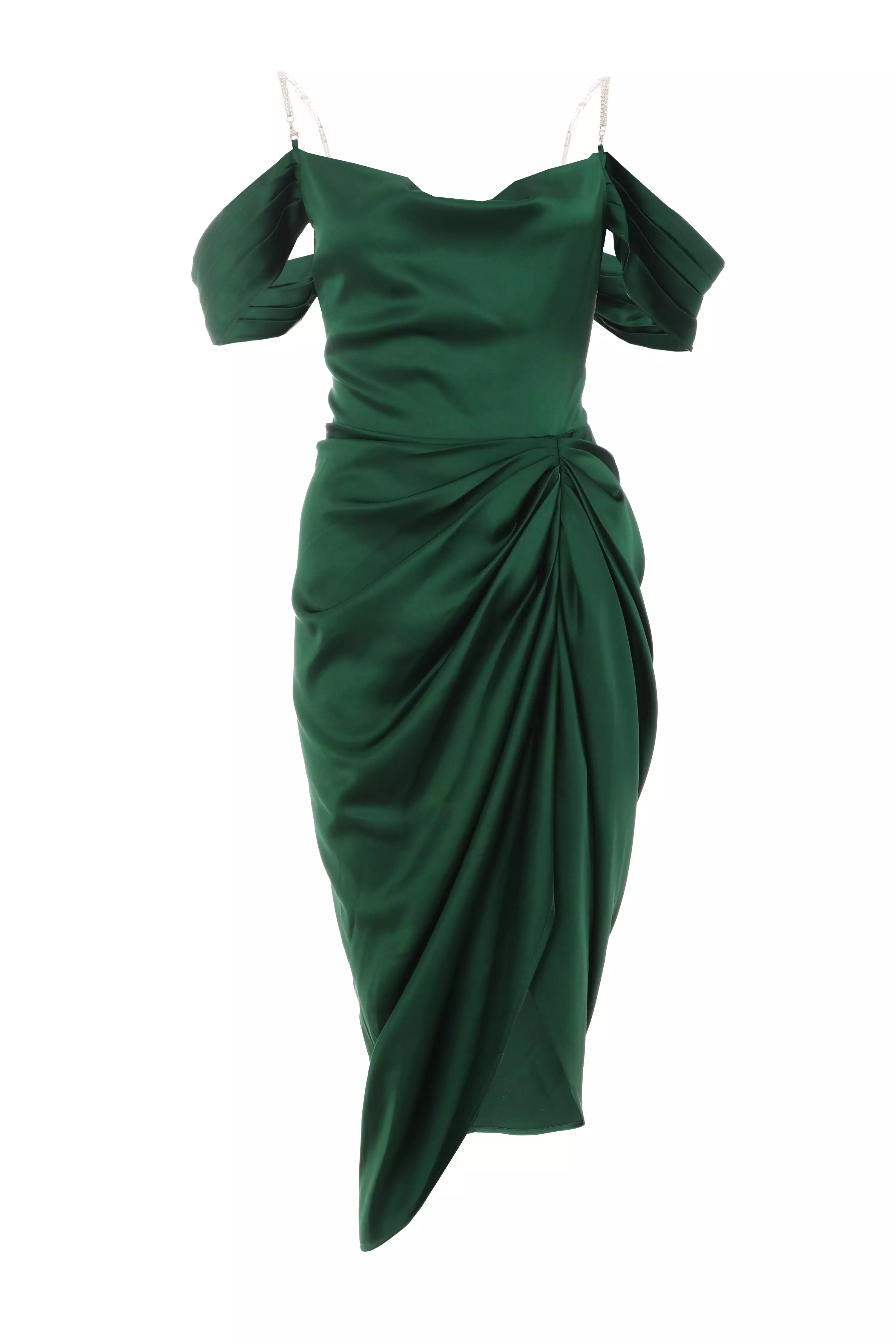 Green Satin Ruched Cold Shoulder Midi Dress