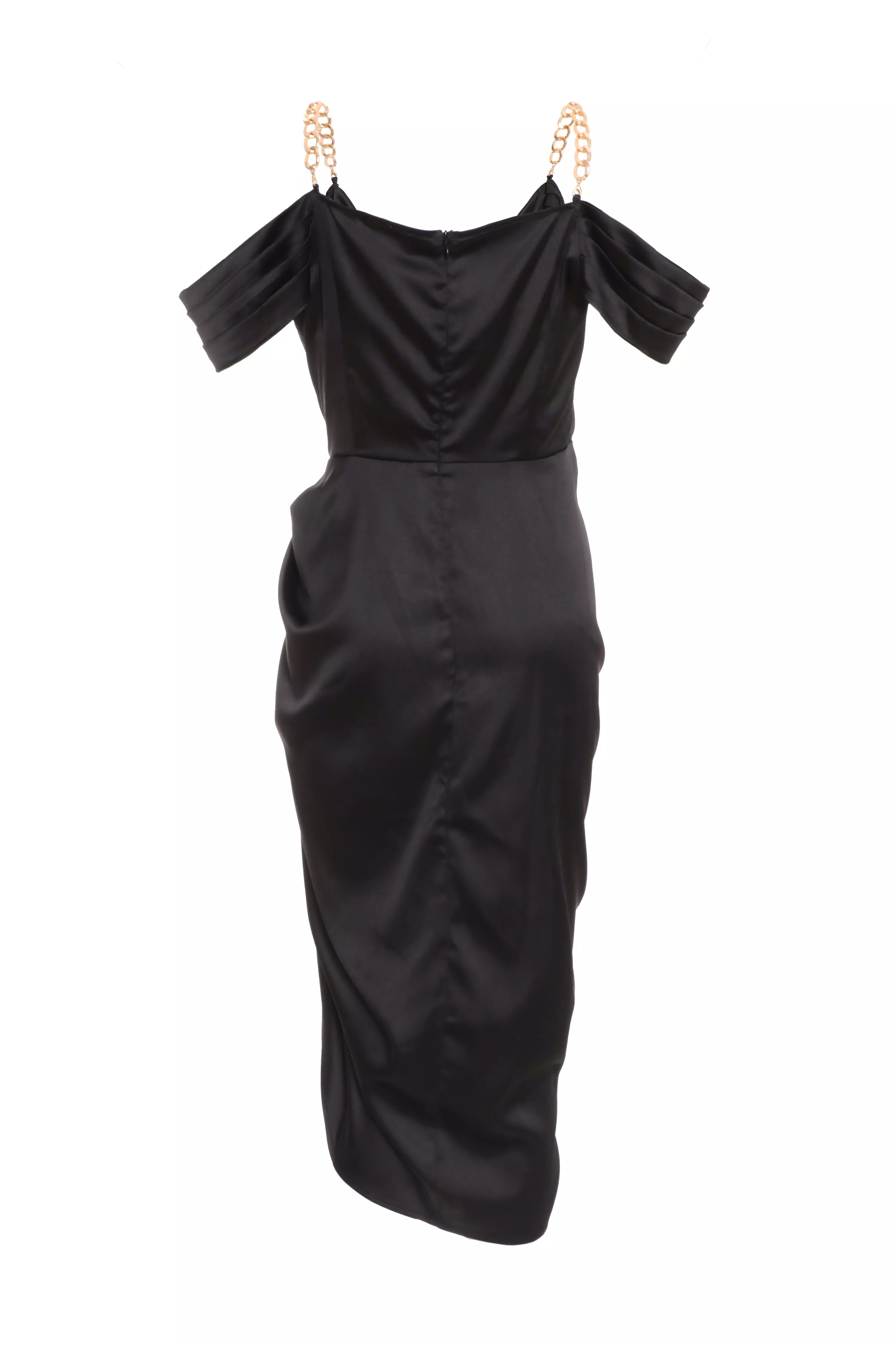 Black Satin Ruched Cold Shoulder Midi Dress