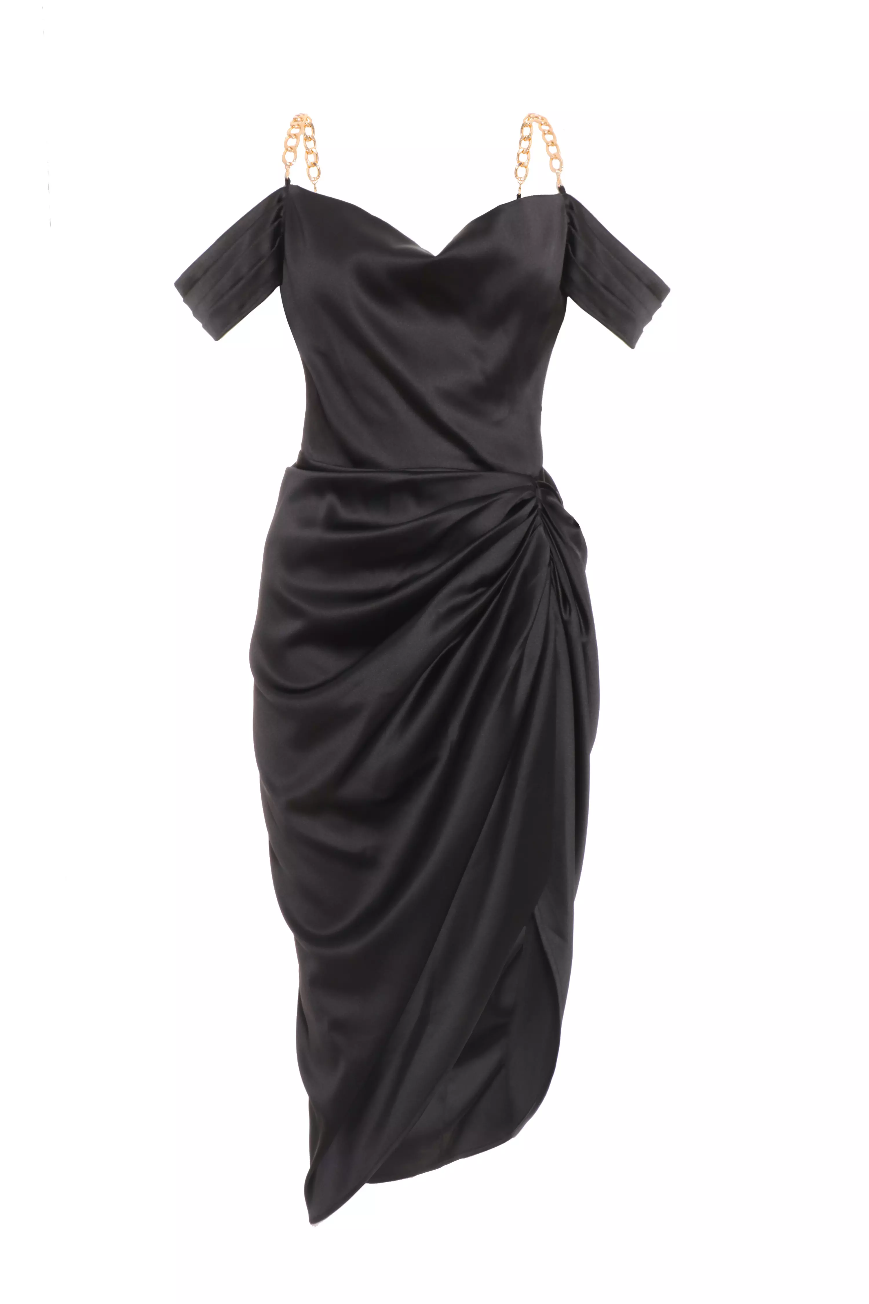 Black Satin Ruched Cold Shoulder Midi Dress