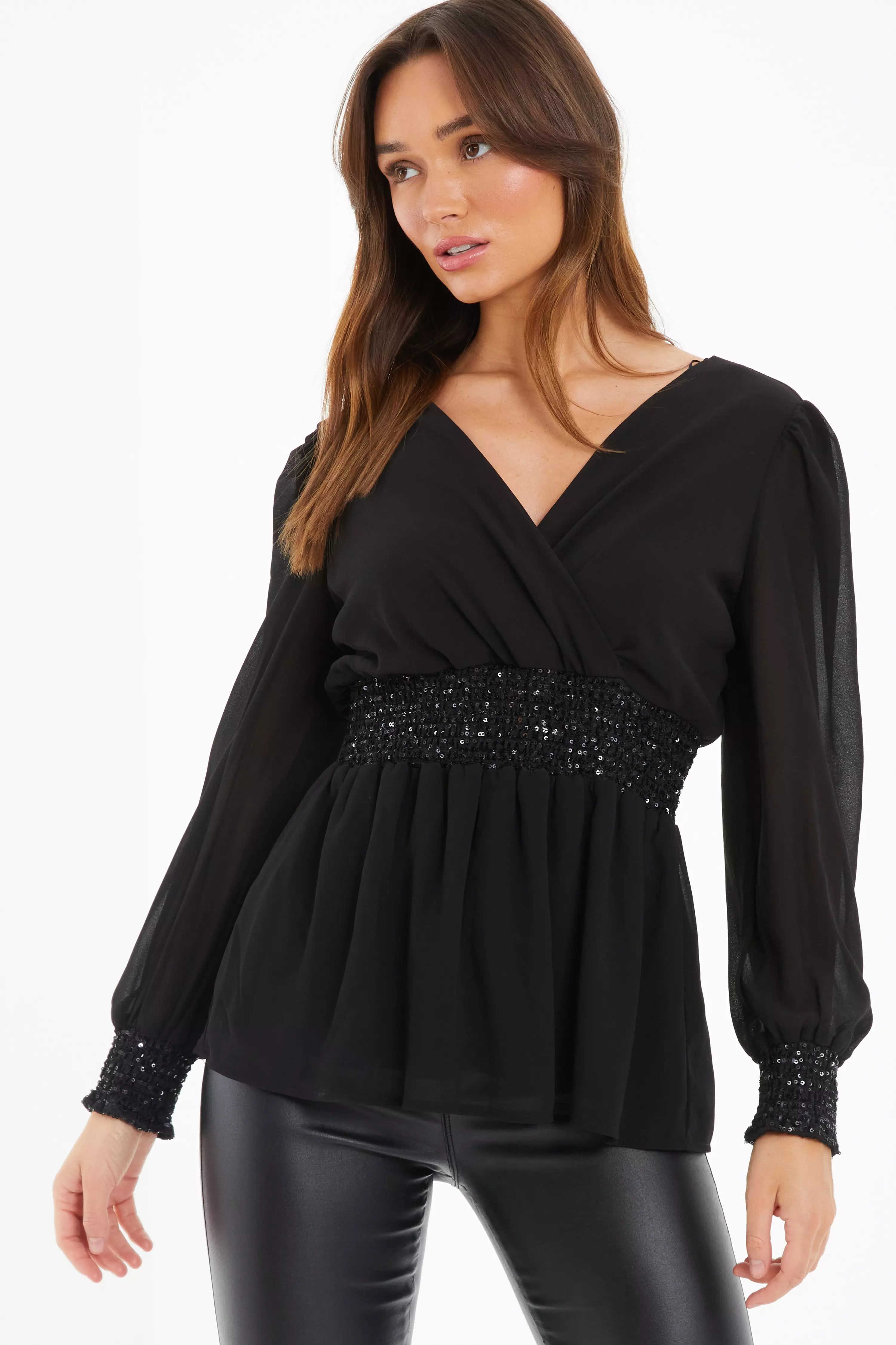 Black Chiffon Wrap Peplum Top