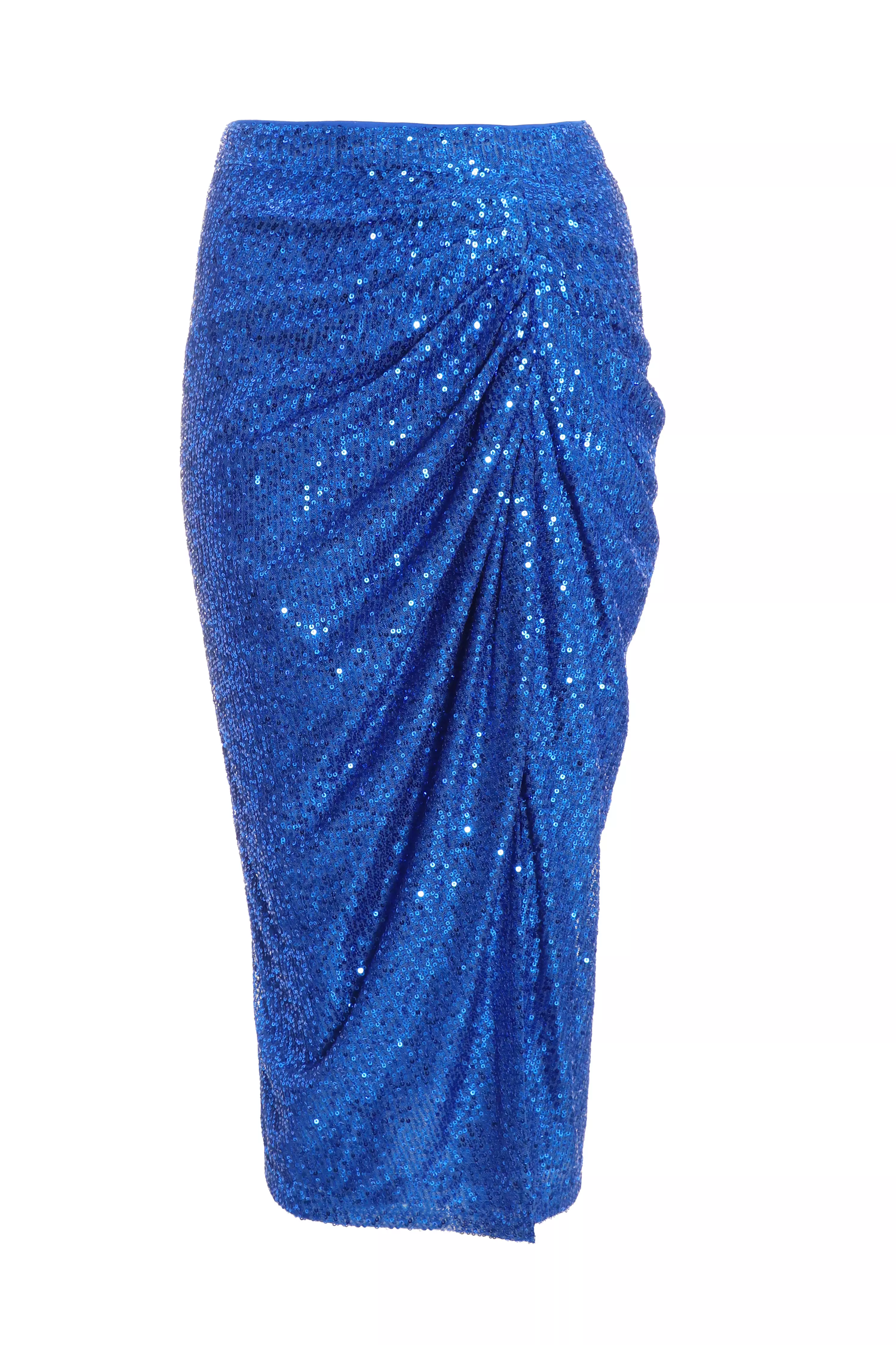 Royal Blue Sequin Ruched Midi Skirt