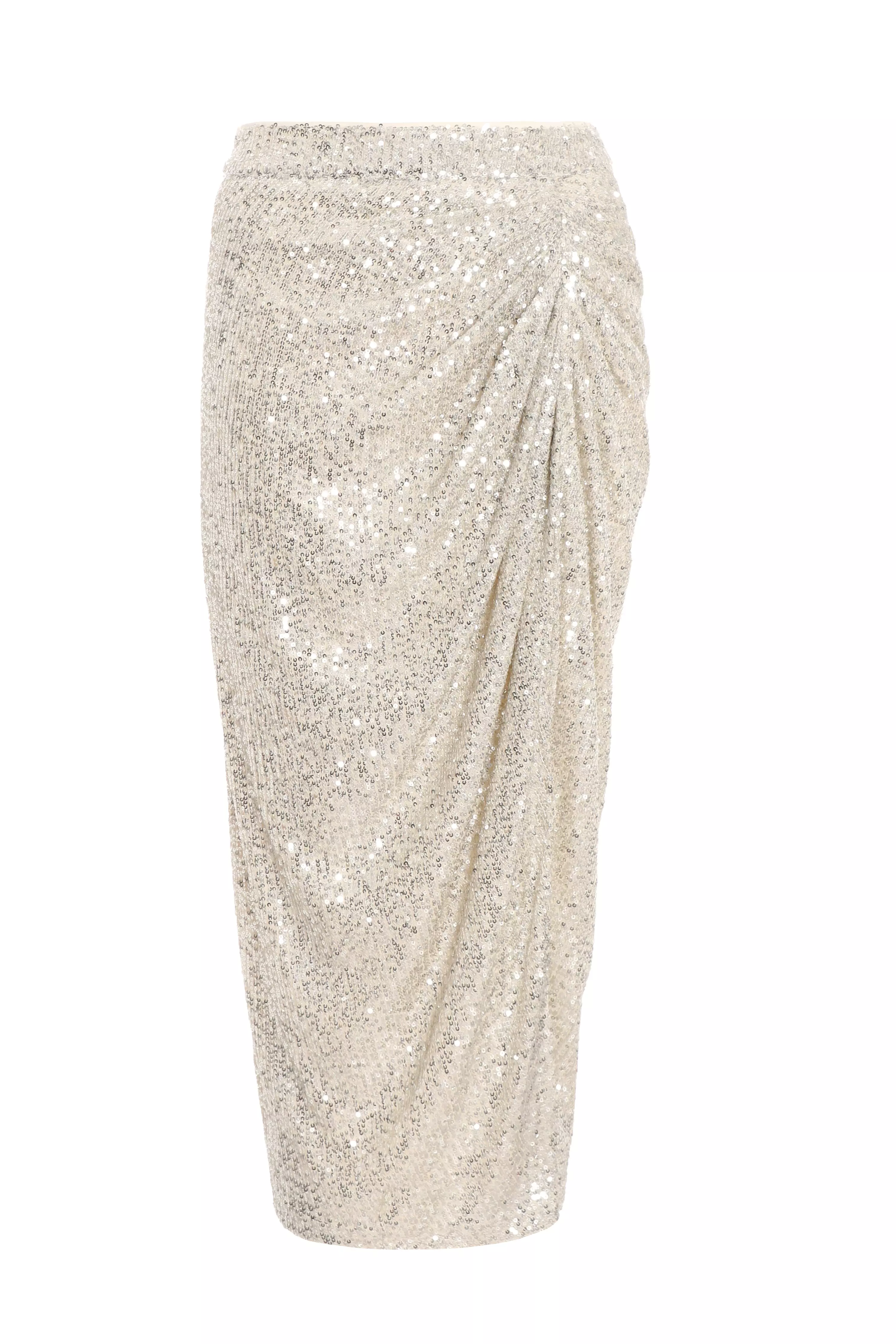 Champagne Sequin Ruched Midi Skirt