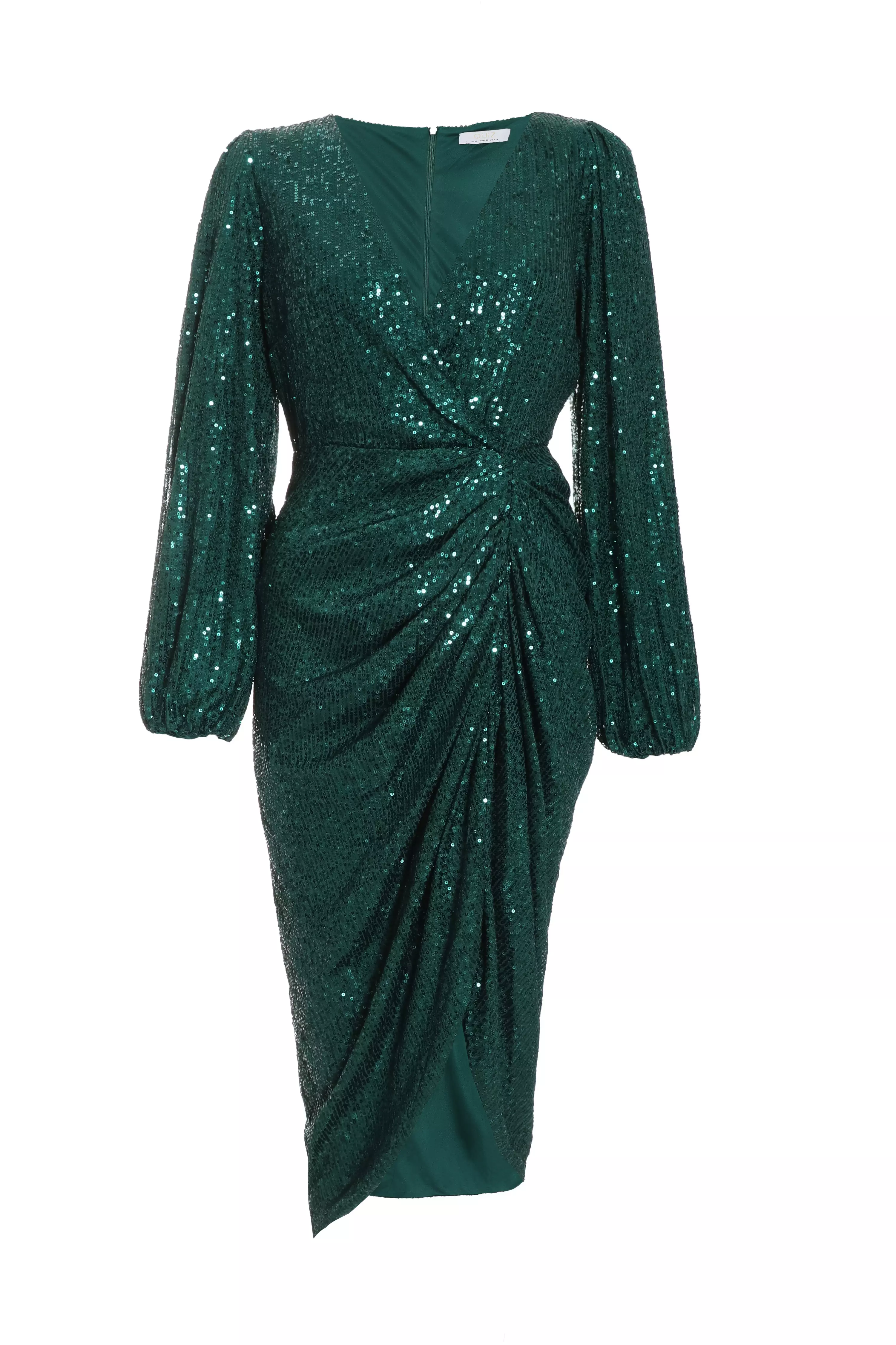 Bottle Green Sequin Ruched Midi Dress