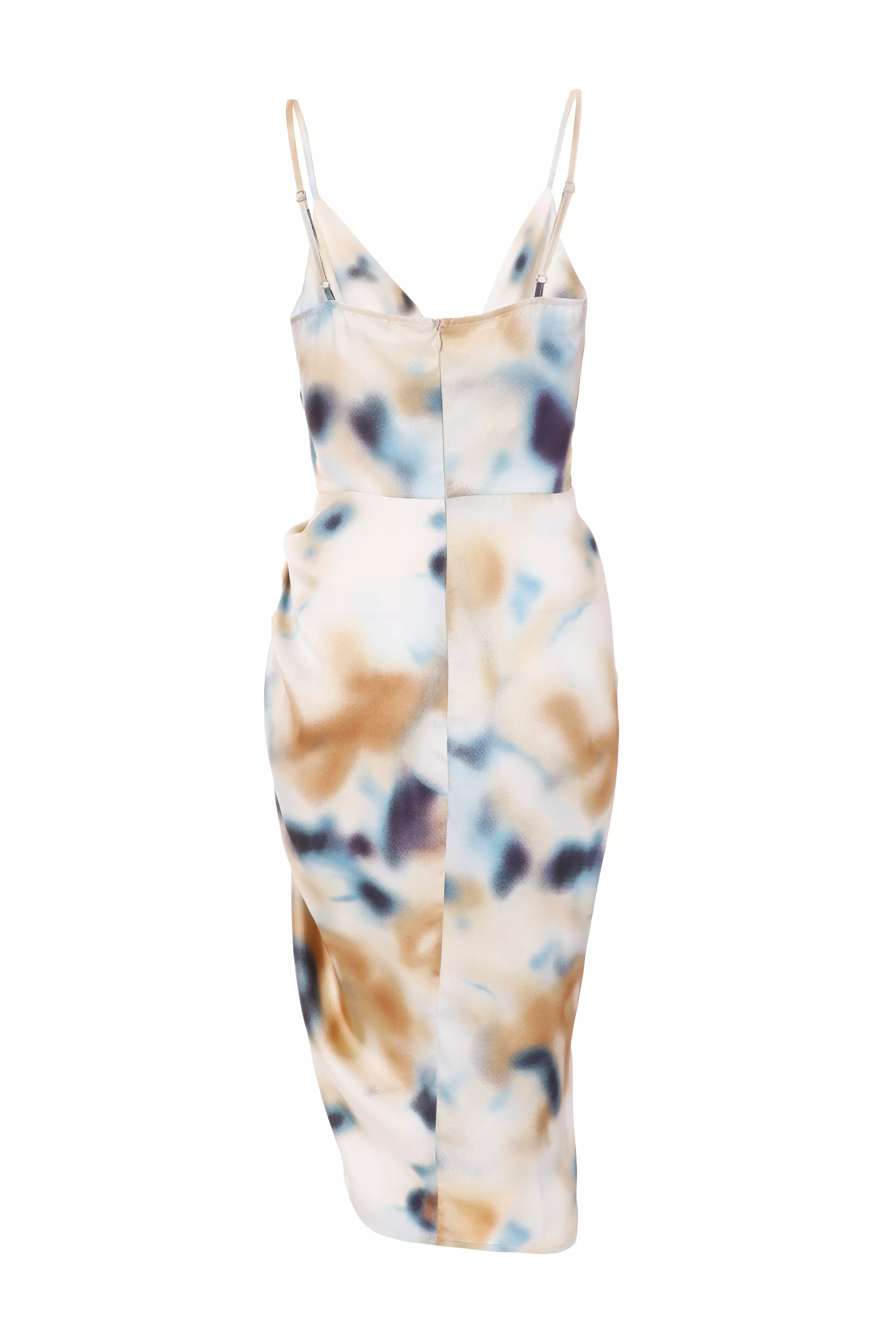 Petite Multicoloured Marble Print Satin Ruched Midi Dress