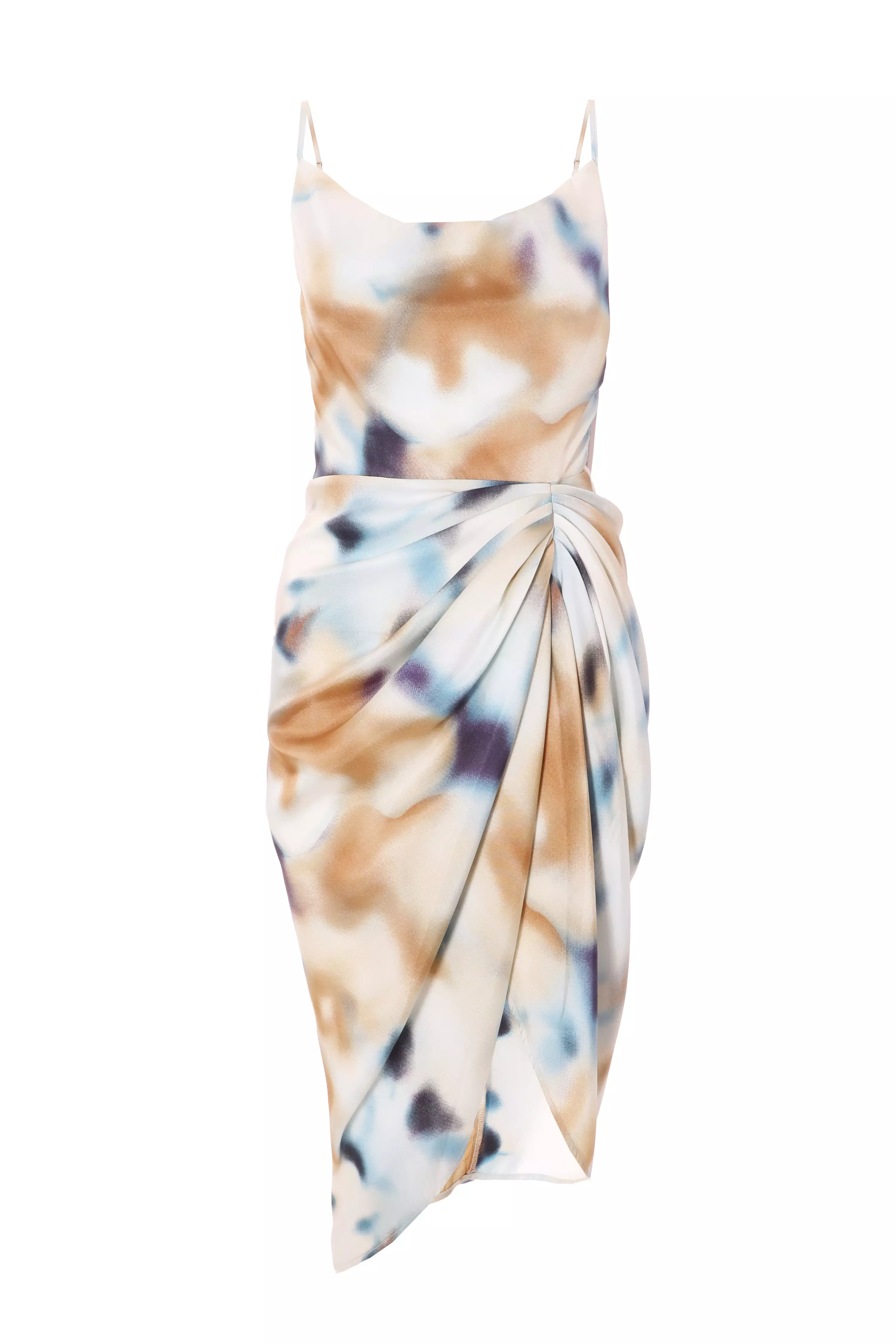 Petite Multicoloured Marble Print Satin Ruched Midi Dress