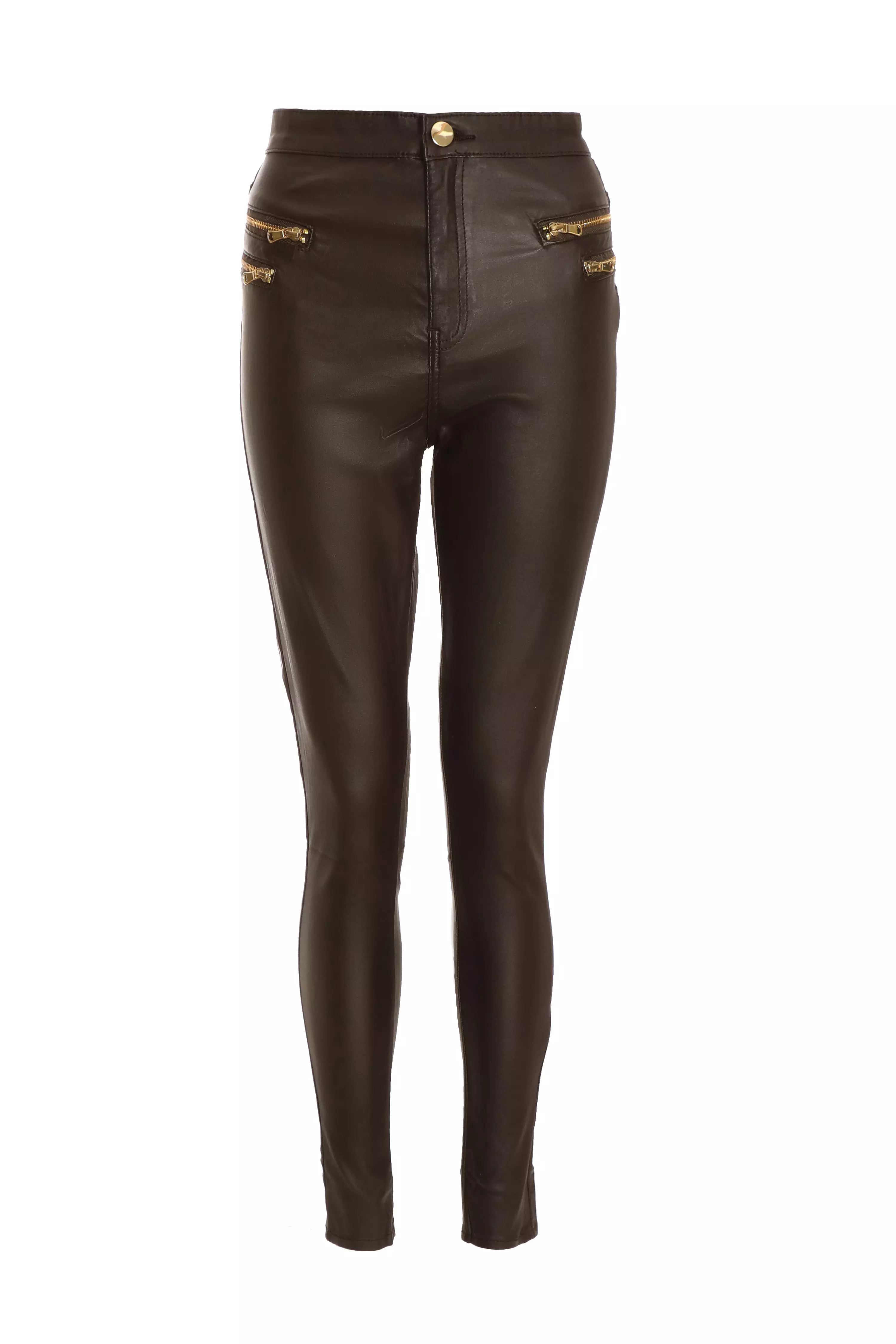 Petite Brown Faux Leather Zip Skinny Trousers