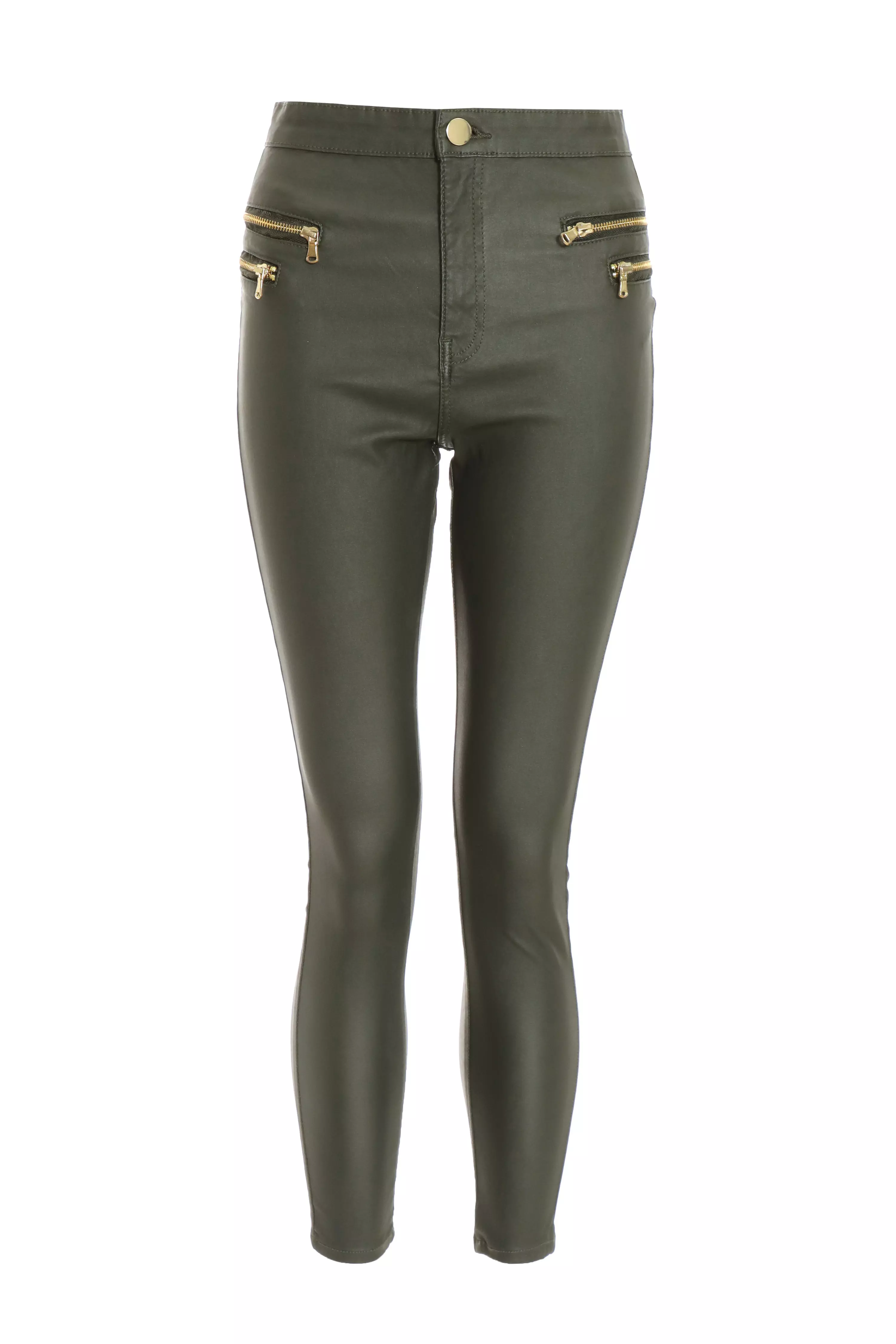 Petite Khaki Faux Leather Zip Skinny Trousers