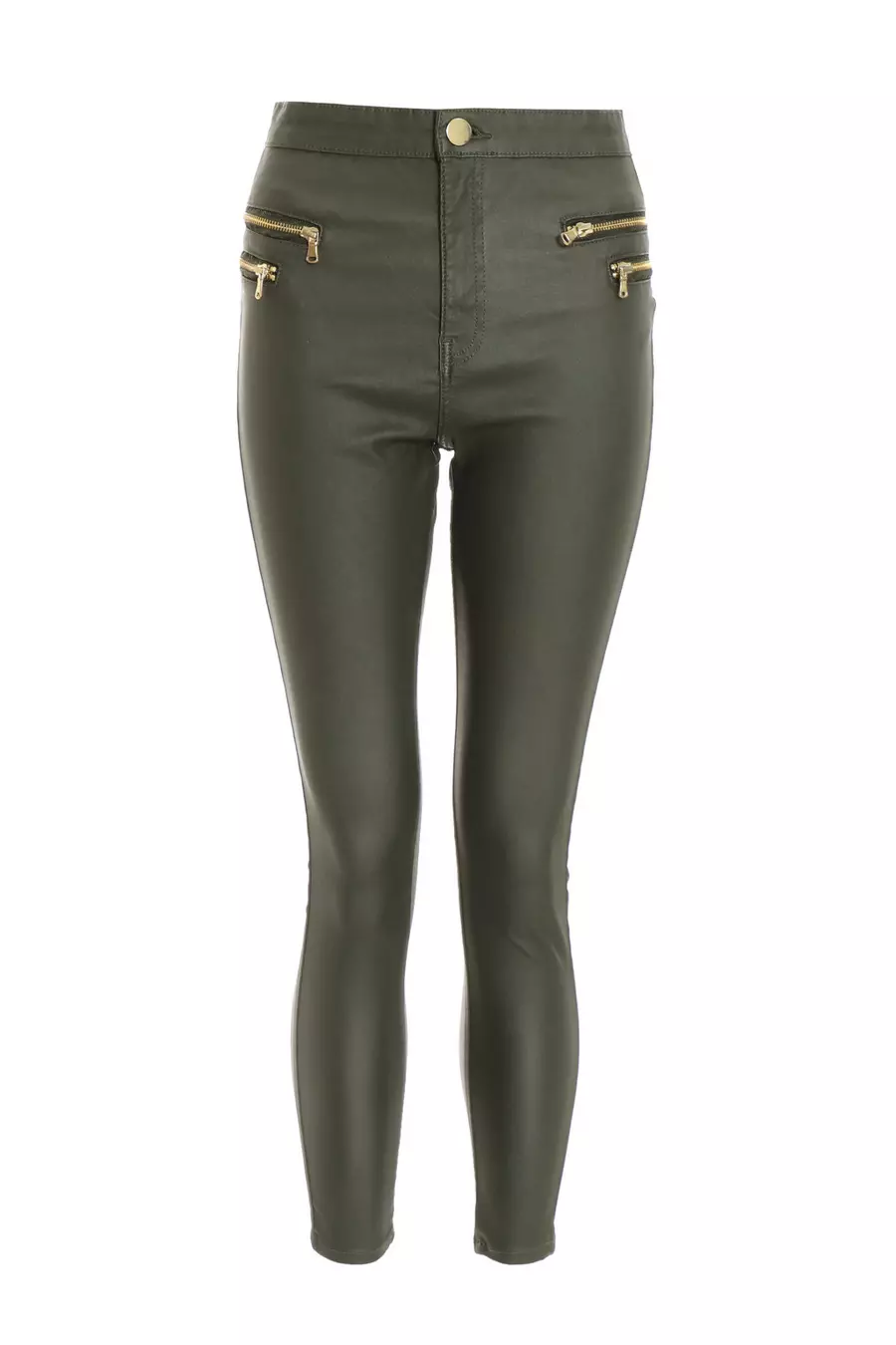 Petite Khaki Faux Leather Zip Skinny Trousers QUIZ Clothing