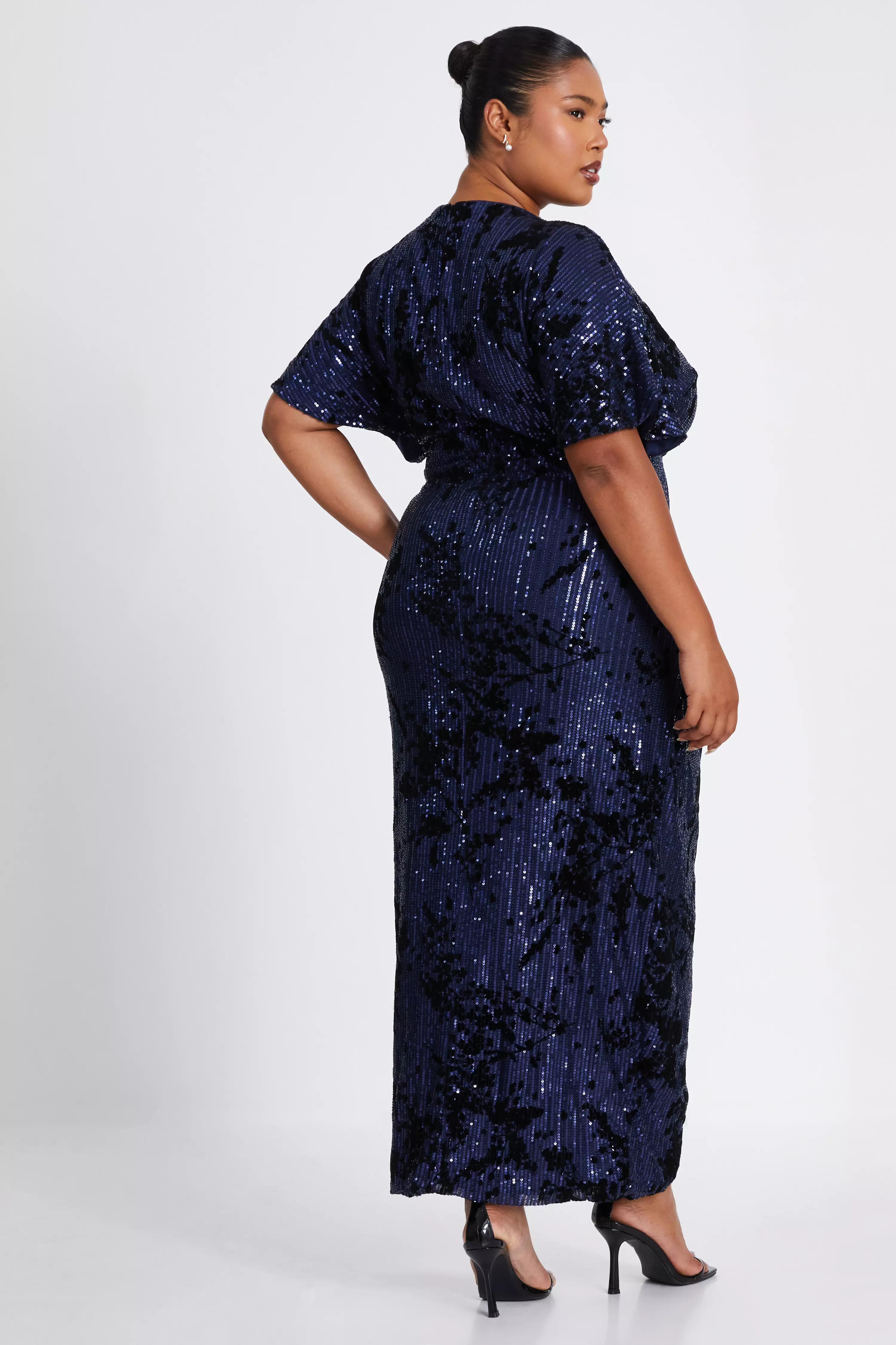 Curve Navy Floral Sequin Wrap Batwing Midi Dress