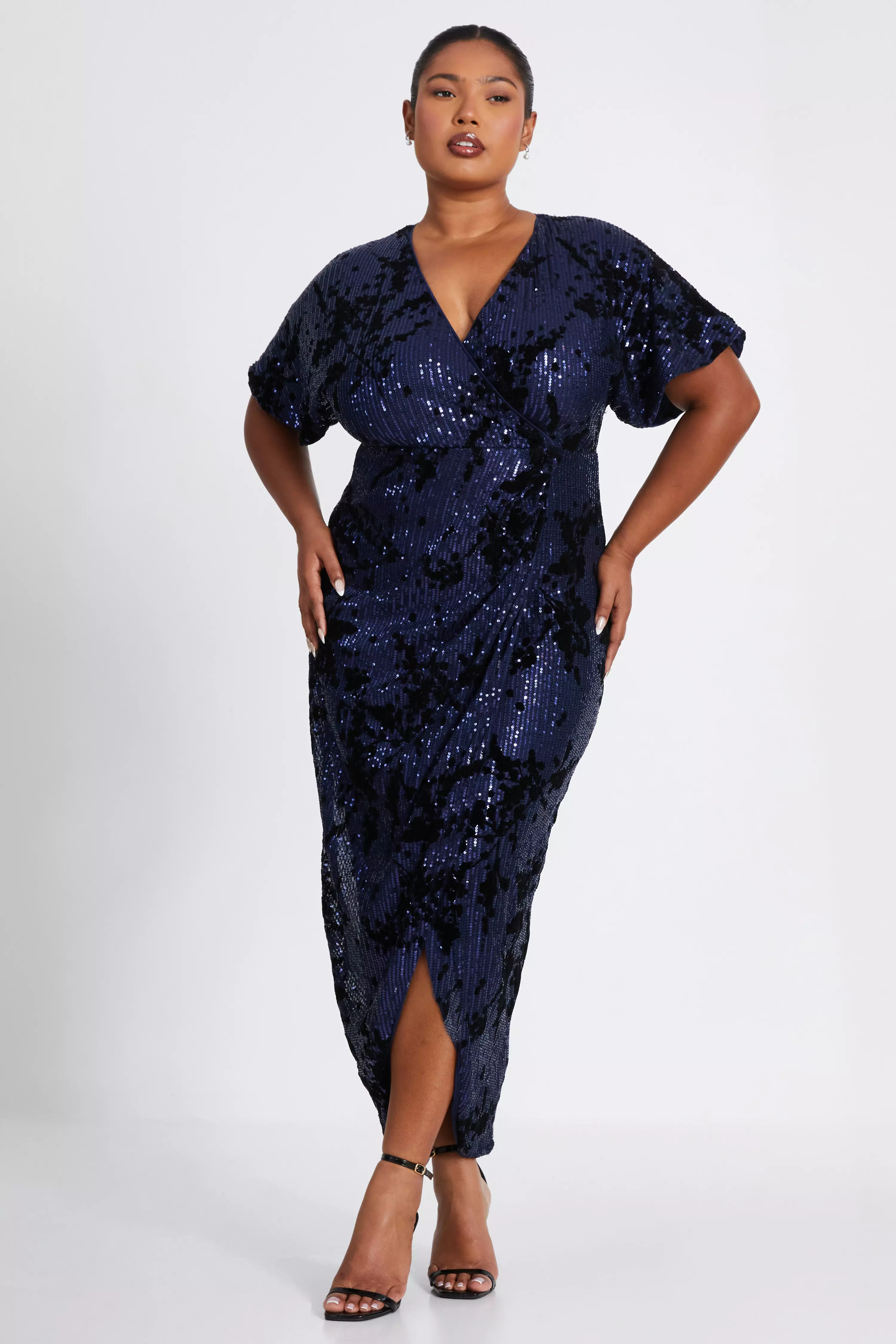 Curve Navy Floral Sequin Wrap Batwing Midi Dress