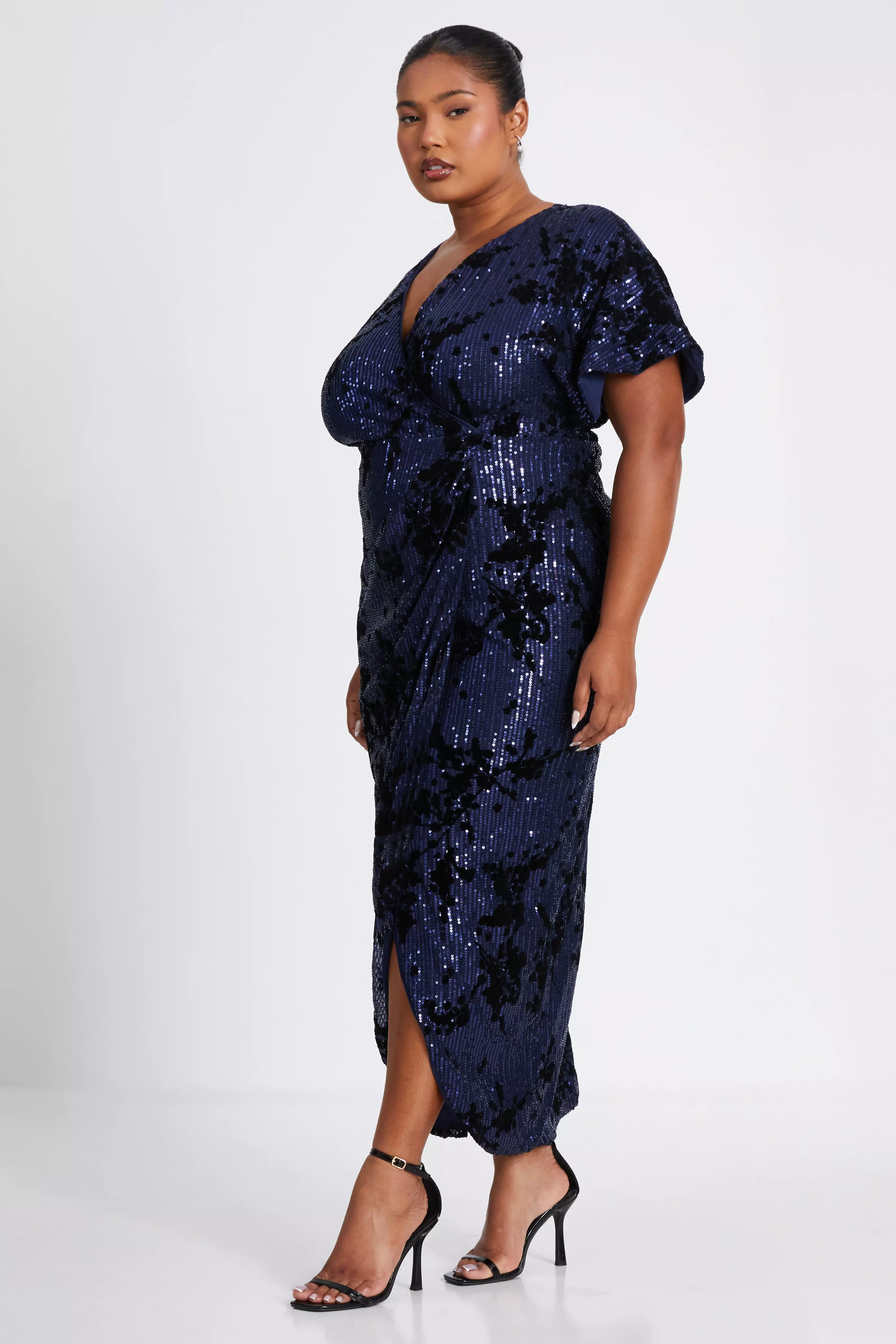 Curve Navy Floral Sequin Wrap Batwing Midi Dress