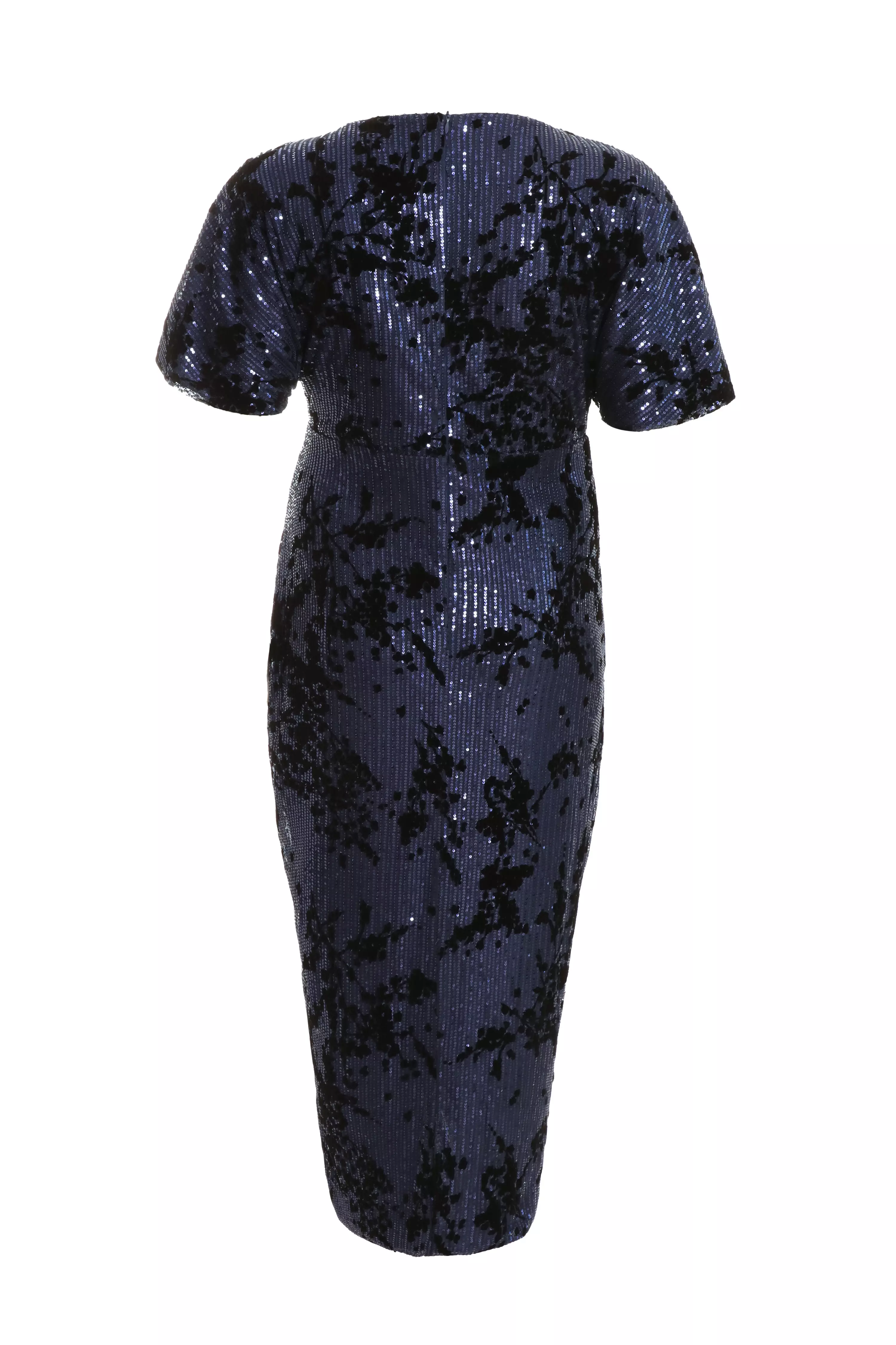 Curve Navy Floral Sequin Wrap Batwing Midi Dress