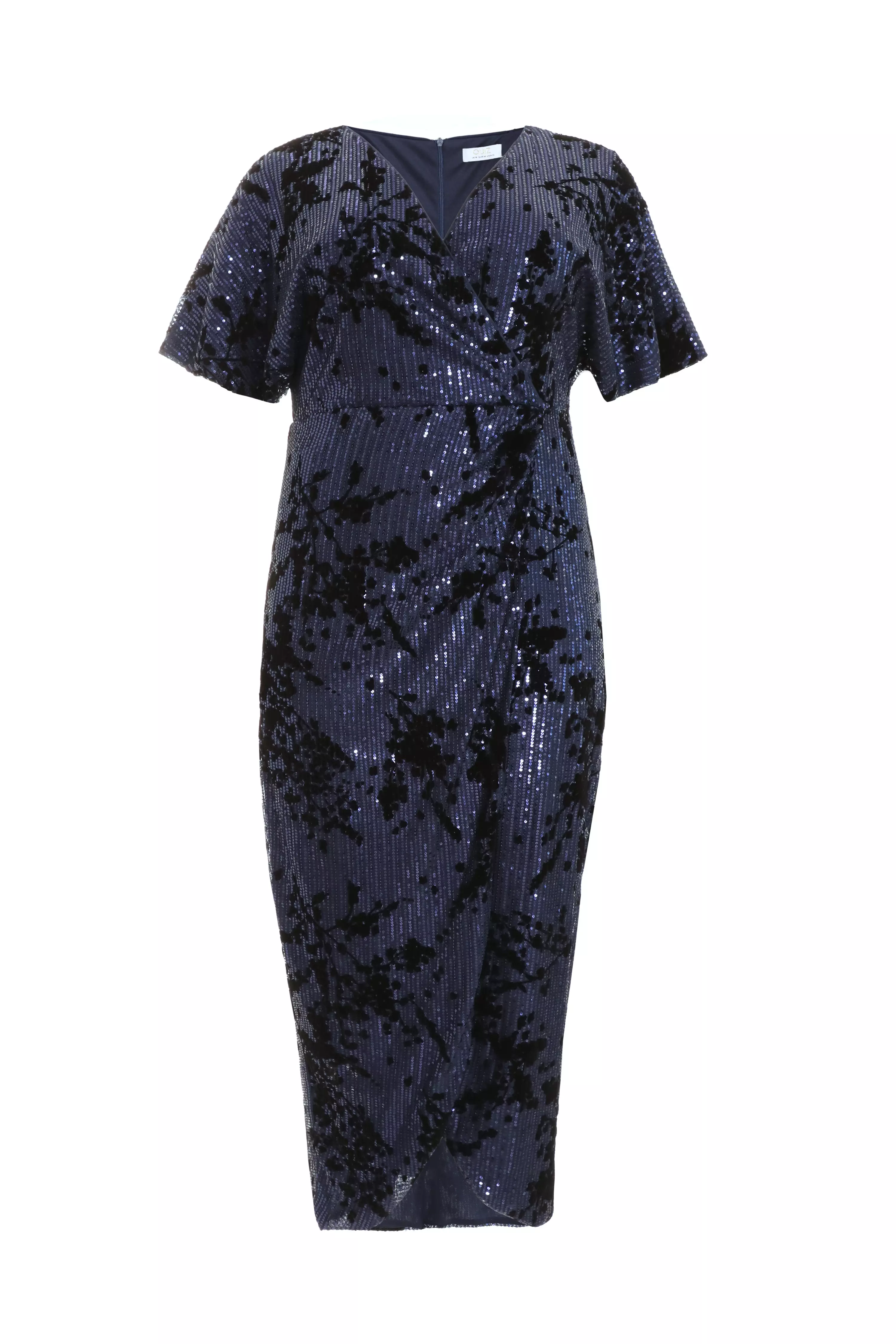 Curve Navy Floral Sequin Wrap Batwing Midi Dress