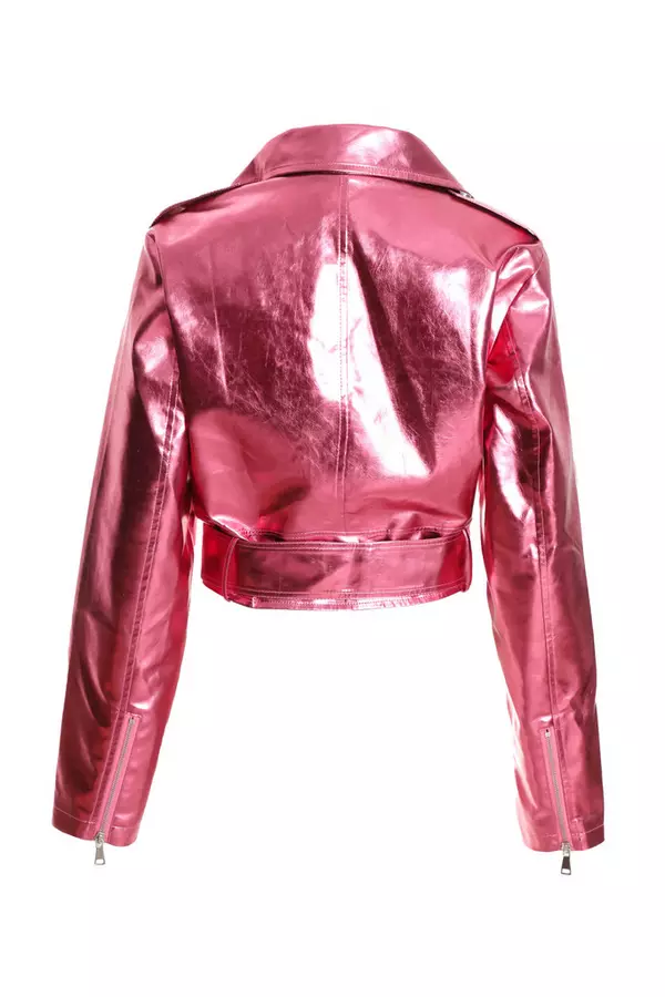 Pink Foil Faux Leather Biker Jacket