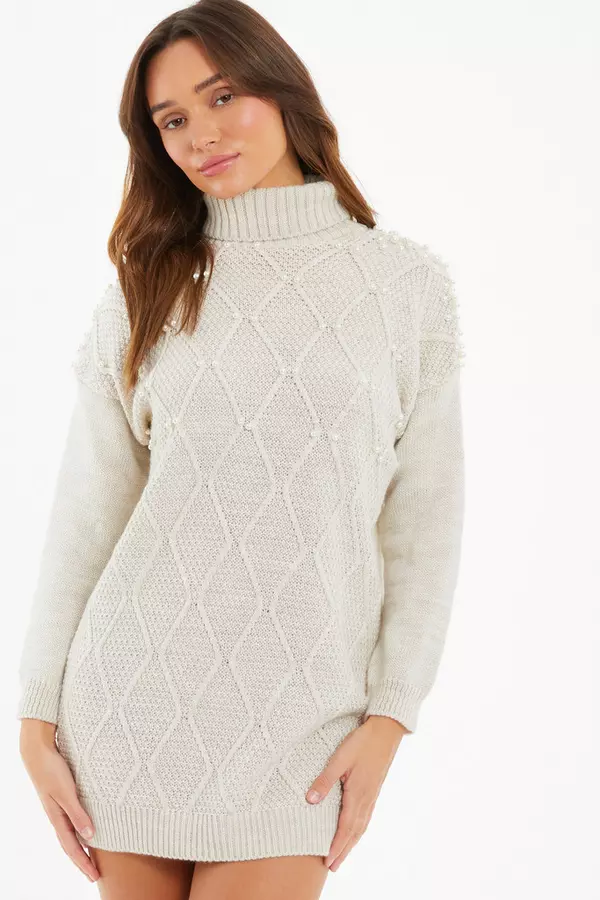 Stone Knitted Pearl Sleeve Jumper Dress