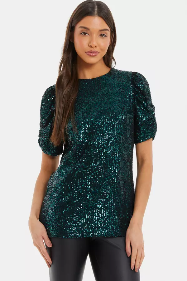 Bottle Green Sequin Boxy Top