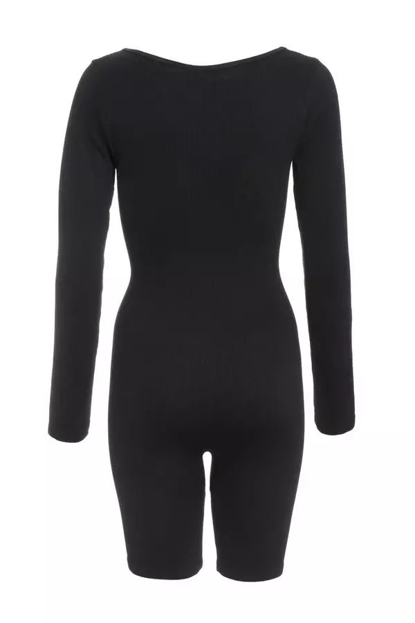 Black Ribbed Long Sleeve Playsuit