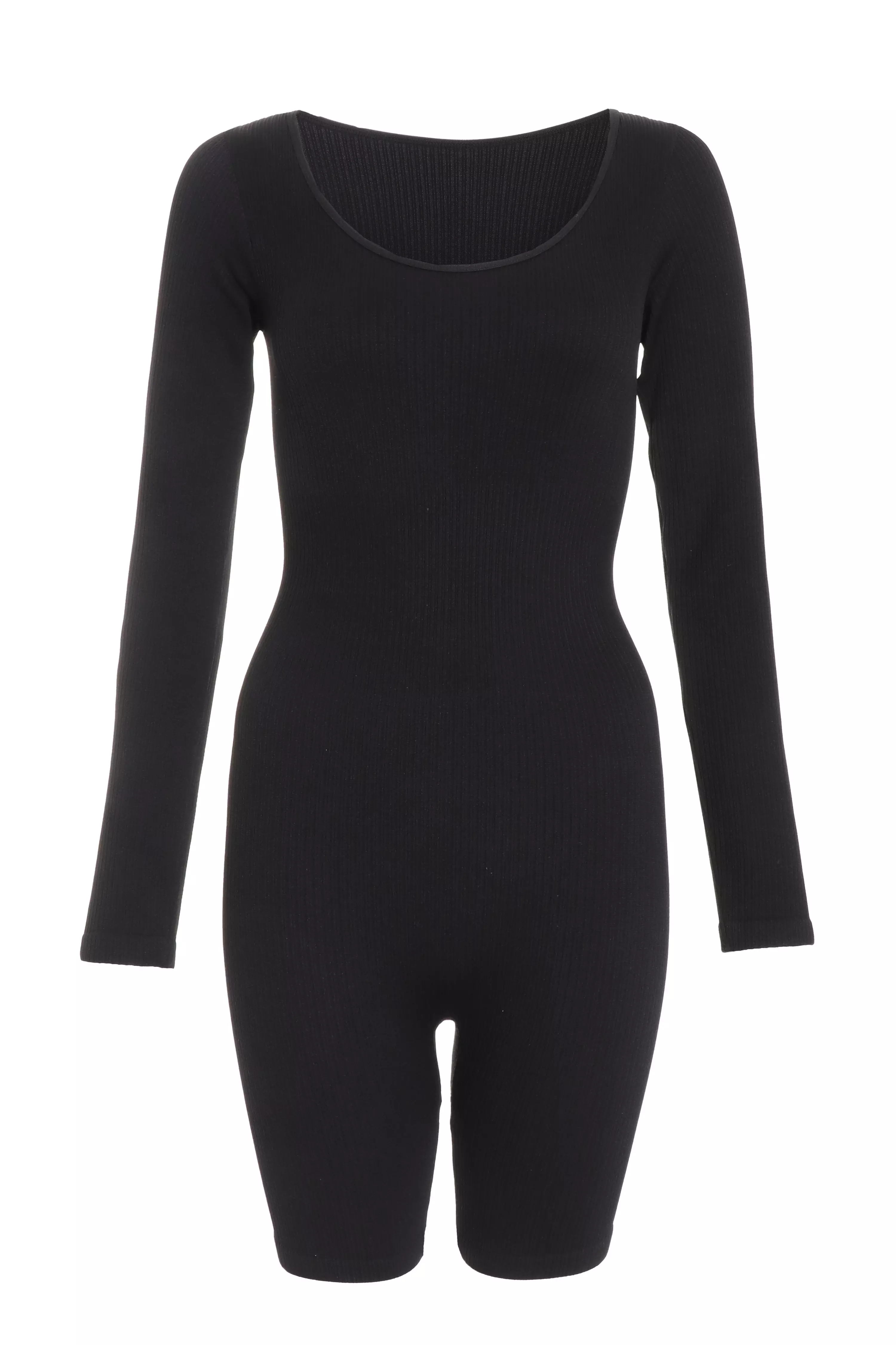 Black Ribbed Long Sleeve Playsuit