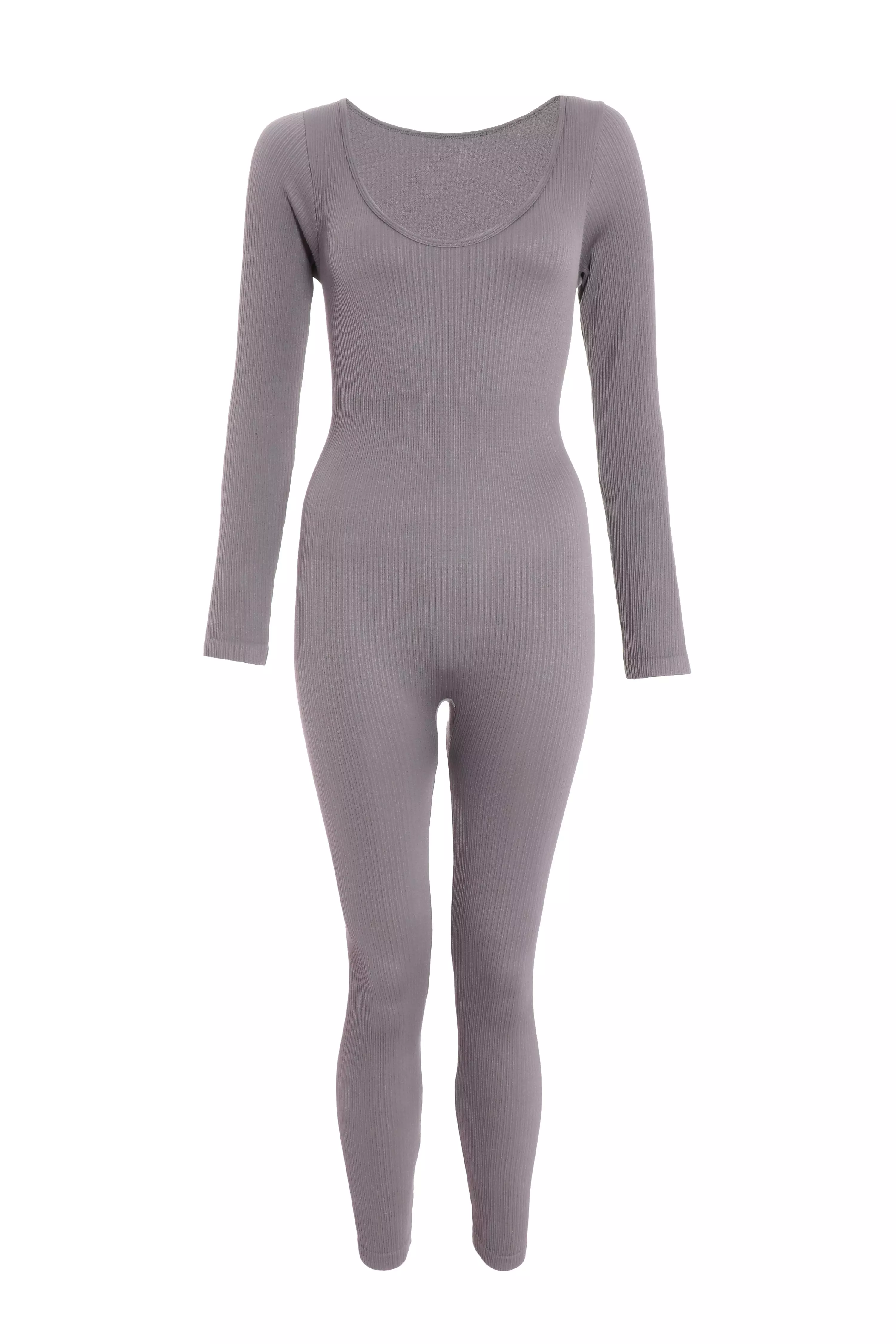 Grey Ribbed Long Sleeve Jumpsuit