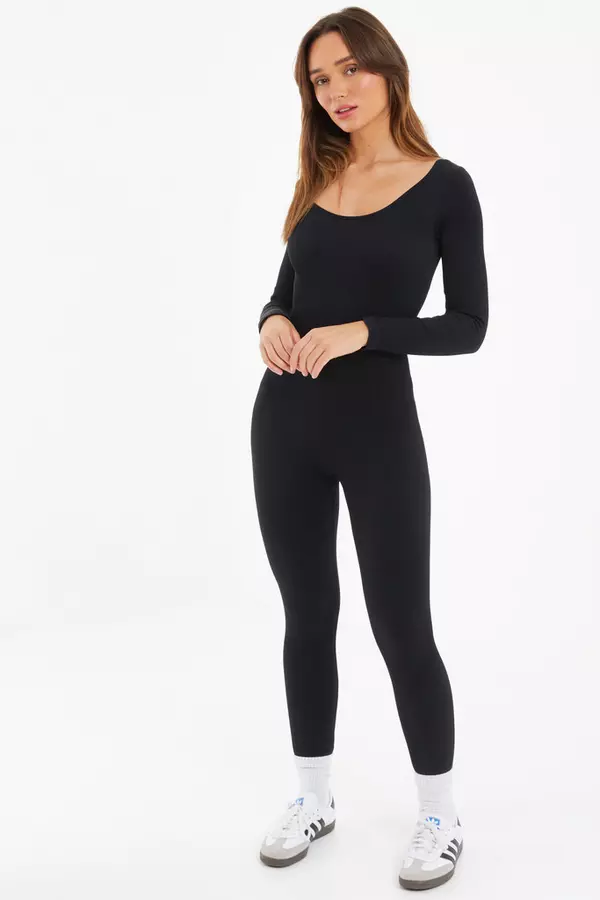 Black Ribbed Long Sleeve Jumpsuit