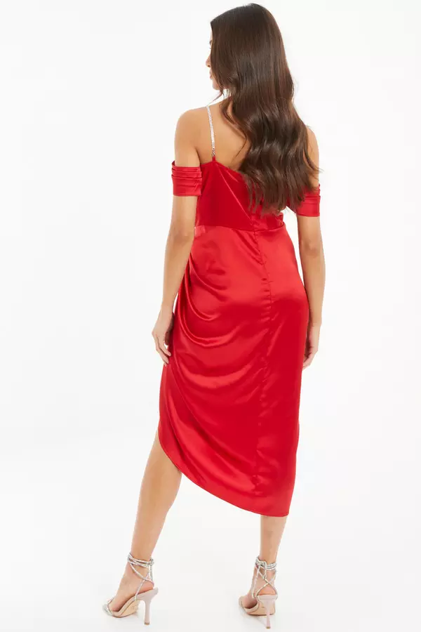 Red Satin Ruched Cold Shoulder Midi Dress